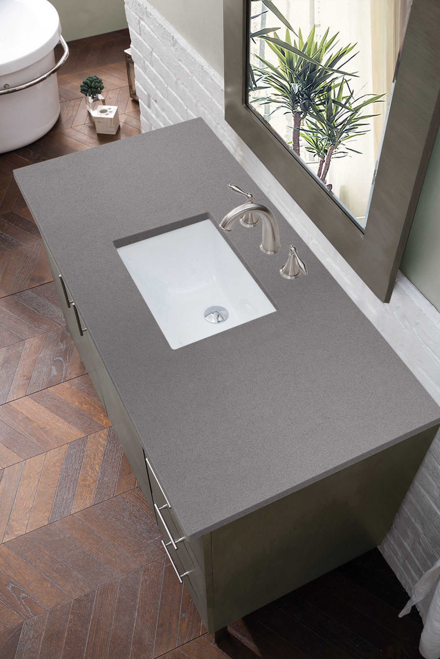 Metropolitan 48 Inch Single Bathroom Vanity with Grey Quartz Top - Silver Oak Finish - Modern Bathroom Storage Solution for Small Spaces & Powder Rooms