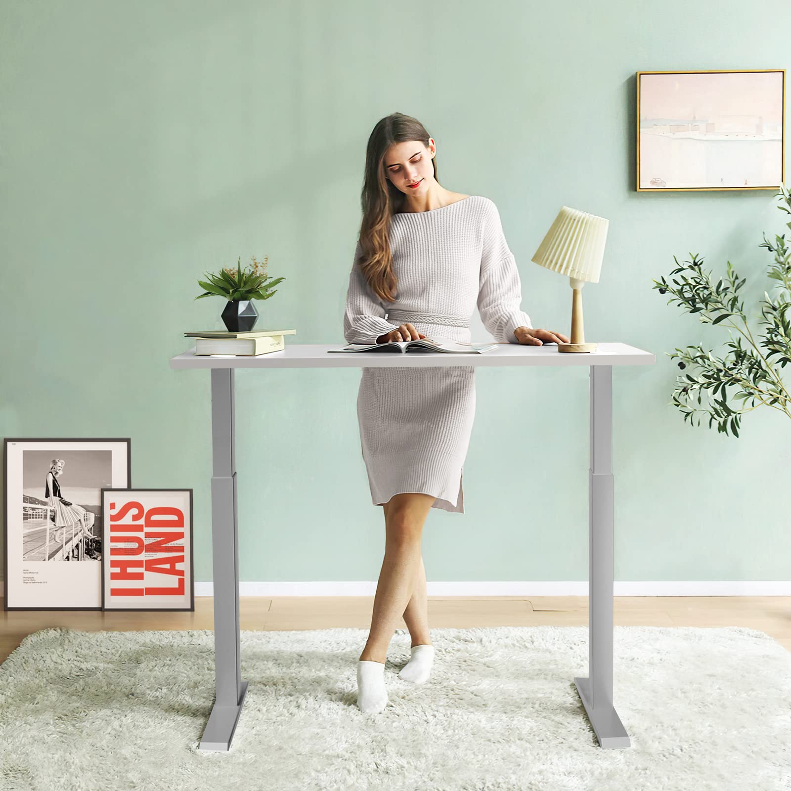 COSTWAY 48 x 24 Inch Adjustable Height Standing Desk - Manual Sit to Stand Home Office Desk with Headphone Hook & Cable Management, Sturdy One-Piece Tabletop (Grey & White) | Perfect for Remote Work, Gaming Setup & Small Workspaces