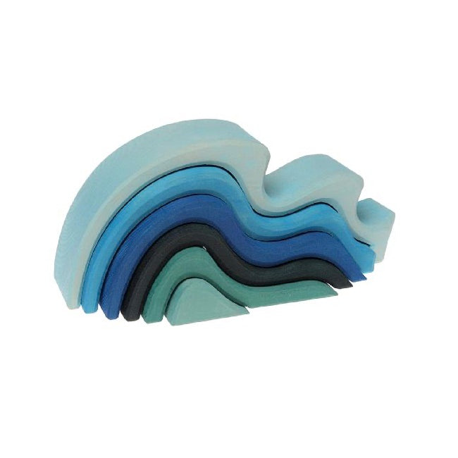 Grimm's Water Waves Medium Blue 6pc Wooden Stacking Toy for Kids - Montessori Sensory Play, Early Learning, and Creative Building Blocks for Toddlers & Preschoolers