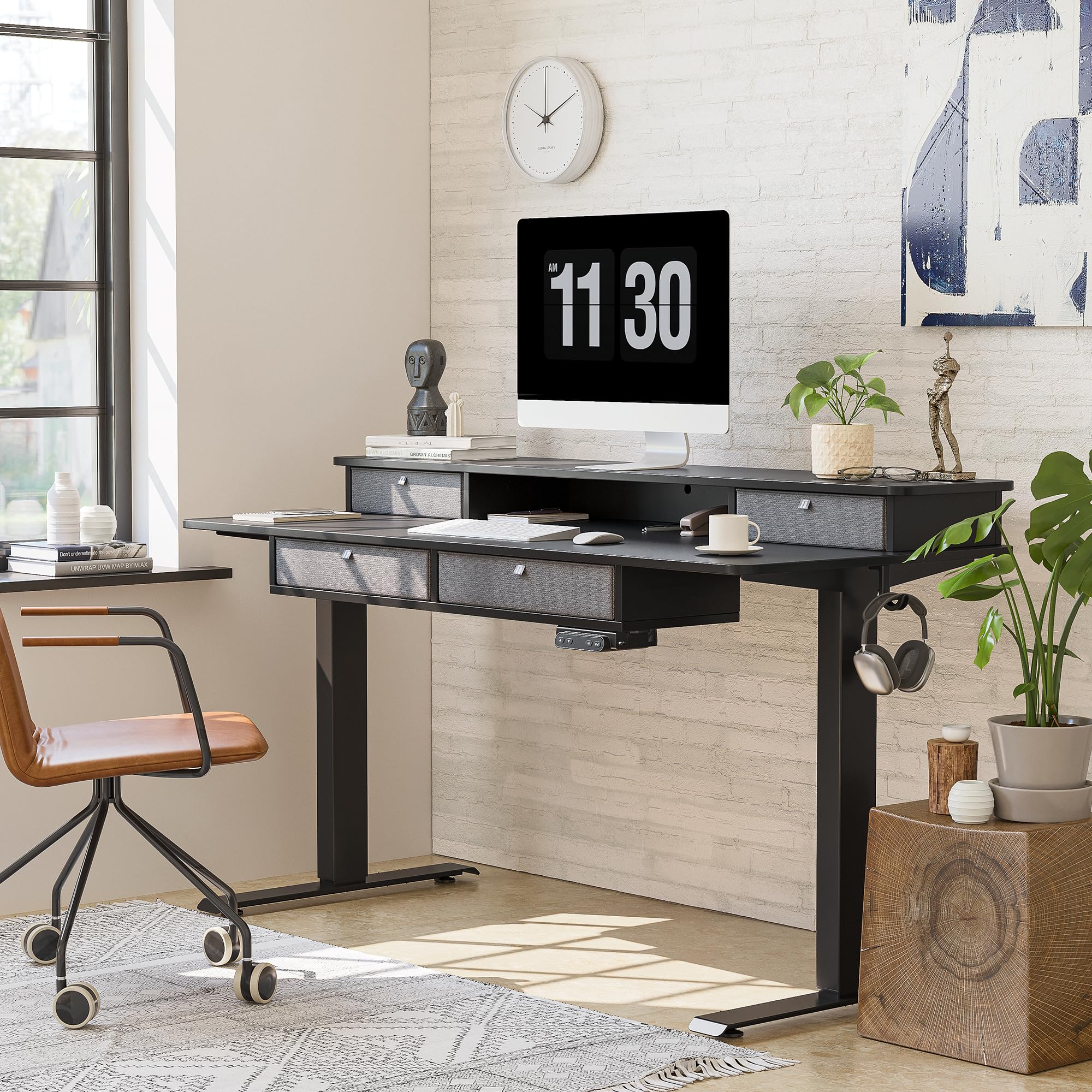 FEZIBO 48 x 24 Inch Electric Standing Desk with Drawers - Adjustable Height Sit Stand Workstation, Black Desktop with Large Storage Shelf | Perfect for Home Office, Gaming Setup & Workspace Ergonomics