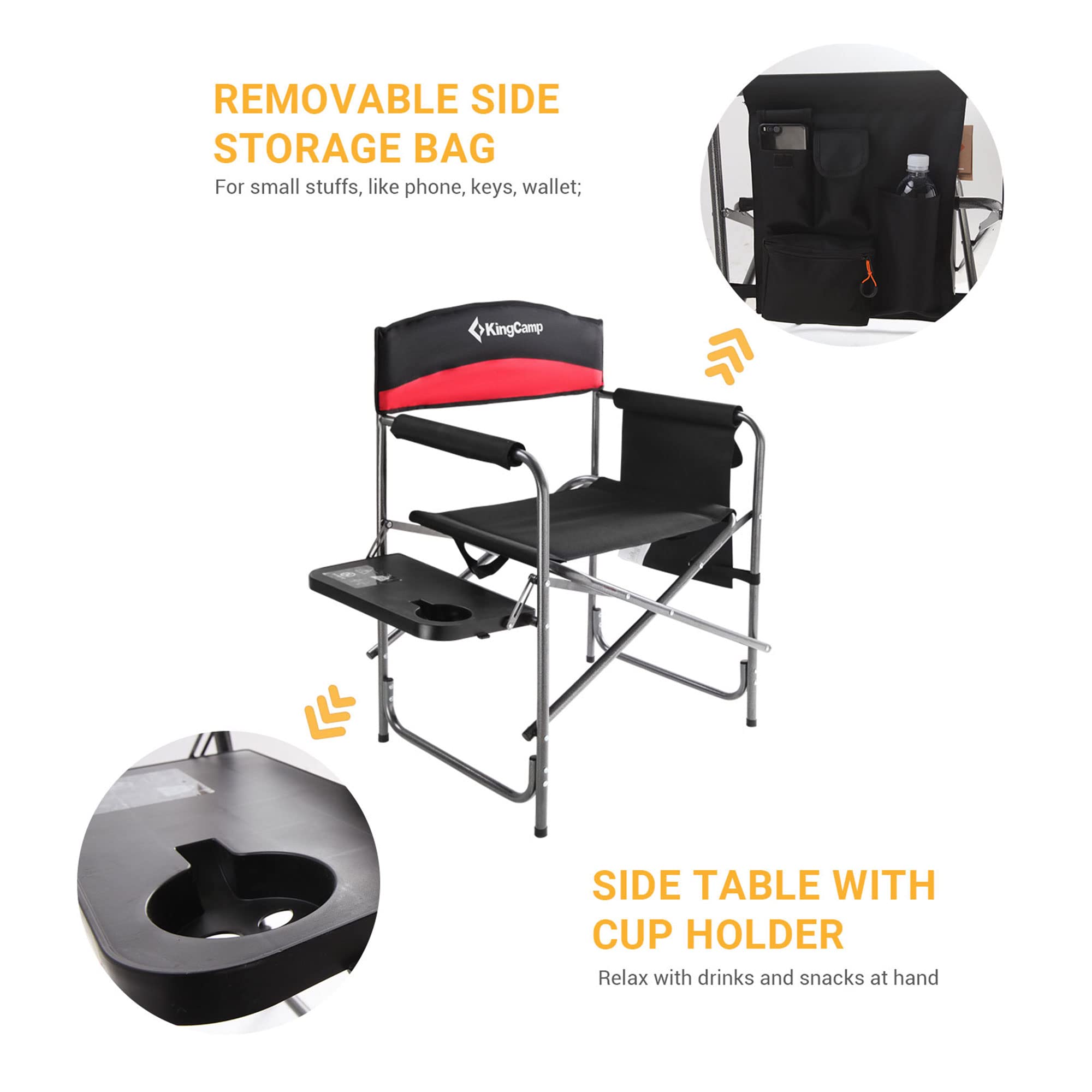 KingCamp 2-Pack Heavy Duty Folding Director Chairs with Side Table & Storage Pouch - Portable Outdoor Camping Chairs for Patio, Beach, Picnic, Backyard & Tailgating (Red)