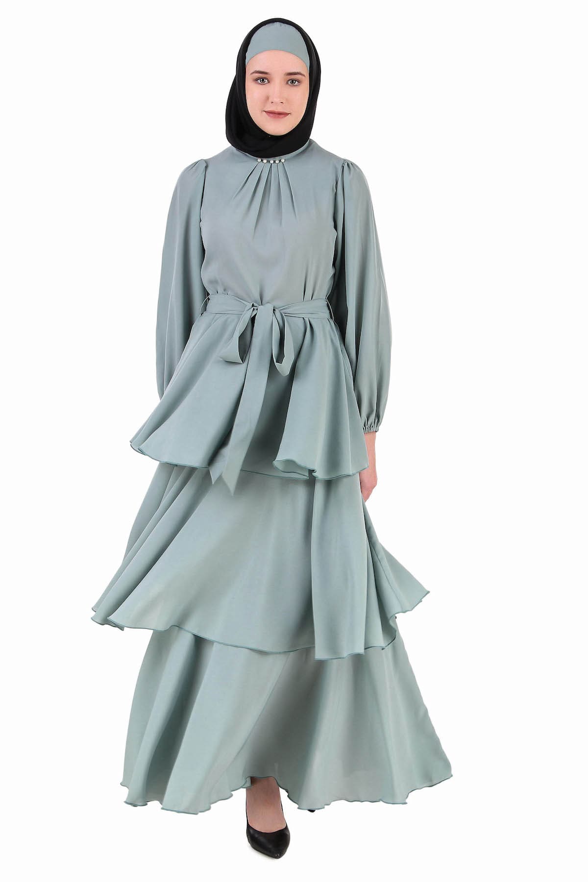 Elegant Sea Green Layered Abaya Dress - Modest Islamic Fashion for Women - Perfect for Prayer, Eid, and Special Occasions