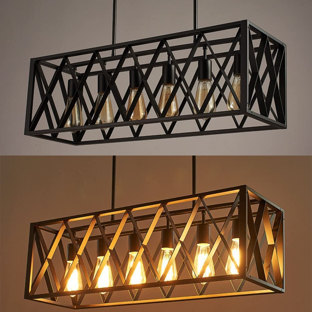 6-Light Modern Farmhouse Chandelier - Industrial Black Rectangular Pendant Light Fixture for Dining Room, Kitchen, Living Room & Bar | Rustic Ceiling Lighting for Home Decor & Commercial Spaces