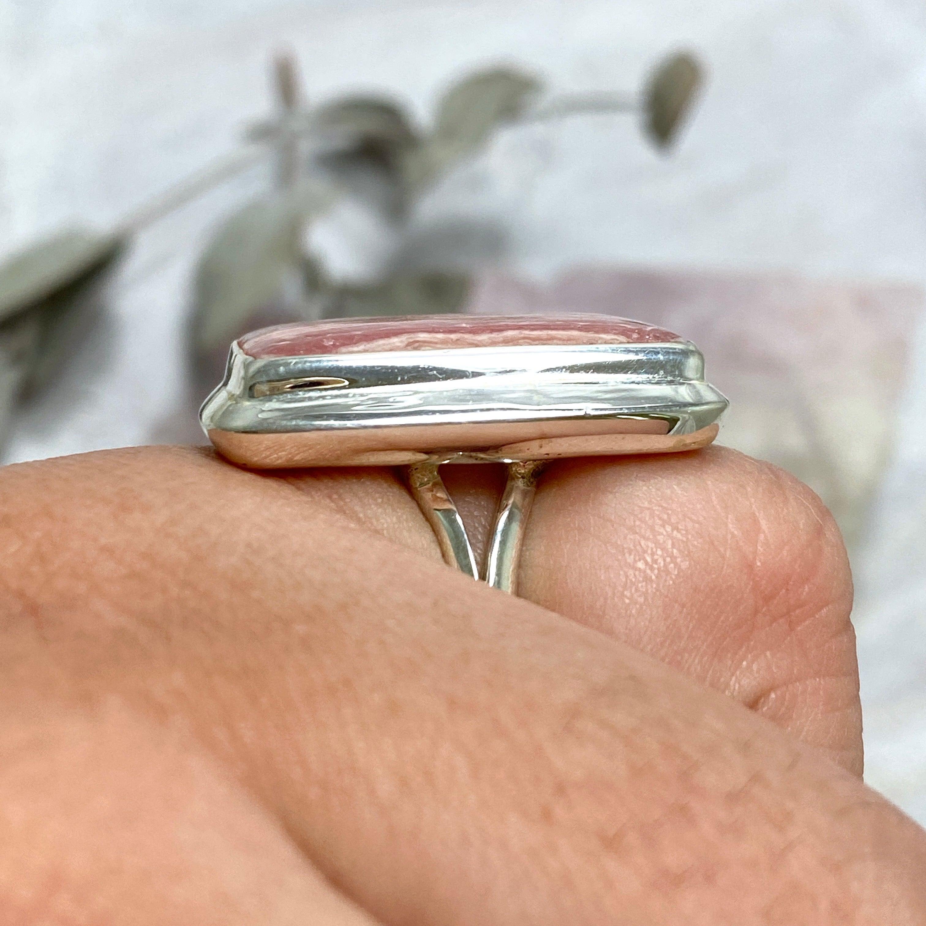 Rhodocrosite Rectangular Ring Size 10 - Genuine Gemstone Jewelry for Women, Elegant and Unique Gift for Her - Perfect for Weddings, Anniversaries, and Special Occasions