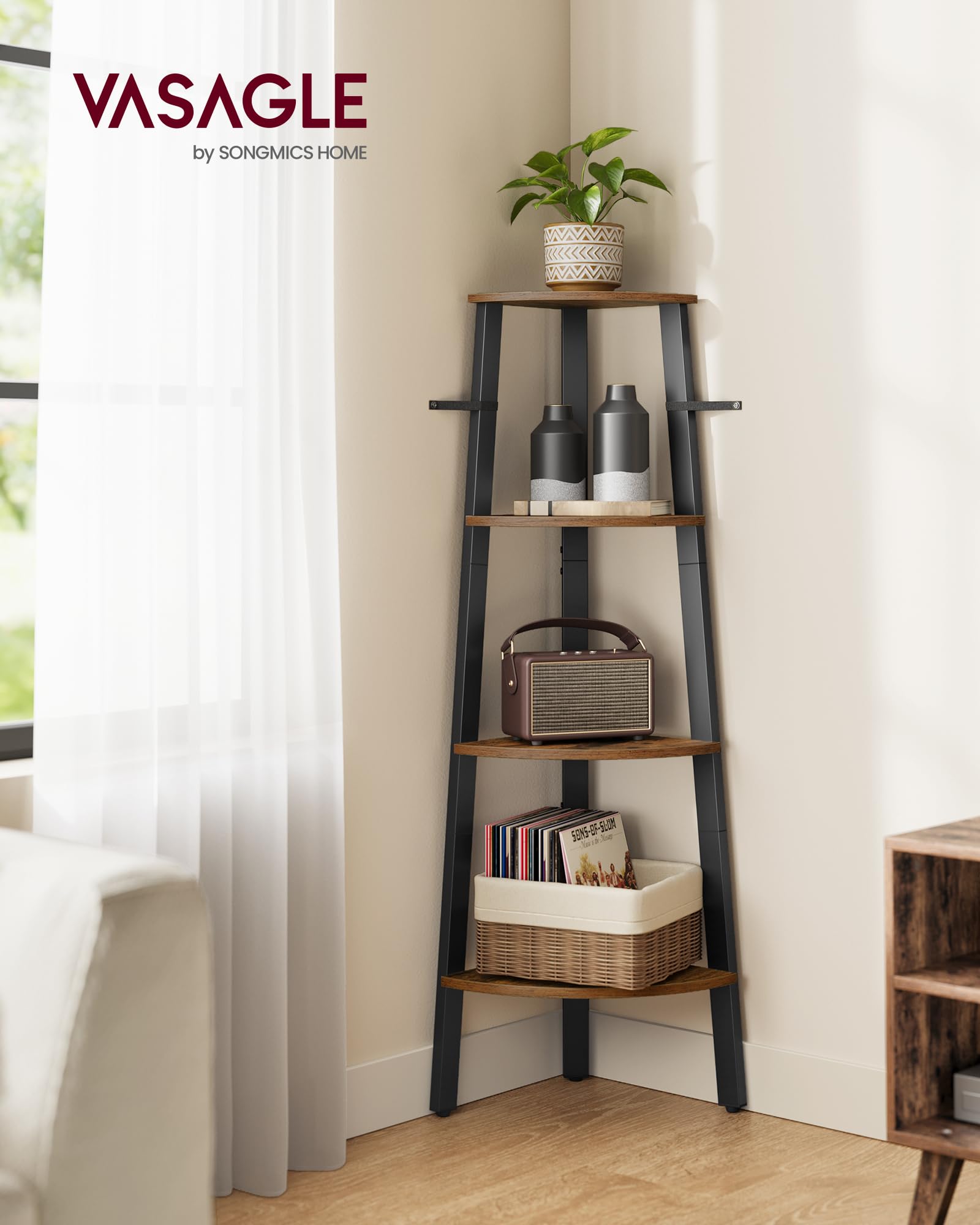 VASAGLE 4-Tier Corner Shelf - Industrial Ladder Bookshelf for Living Room, Office & Kitchen