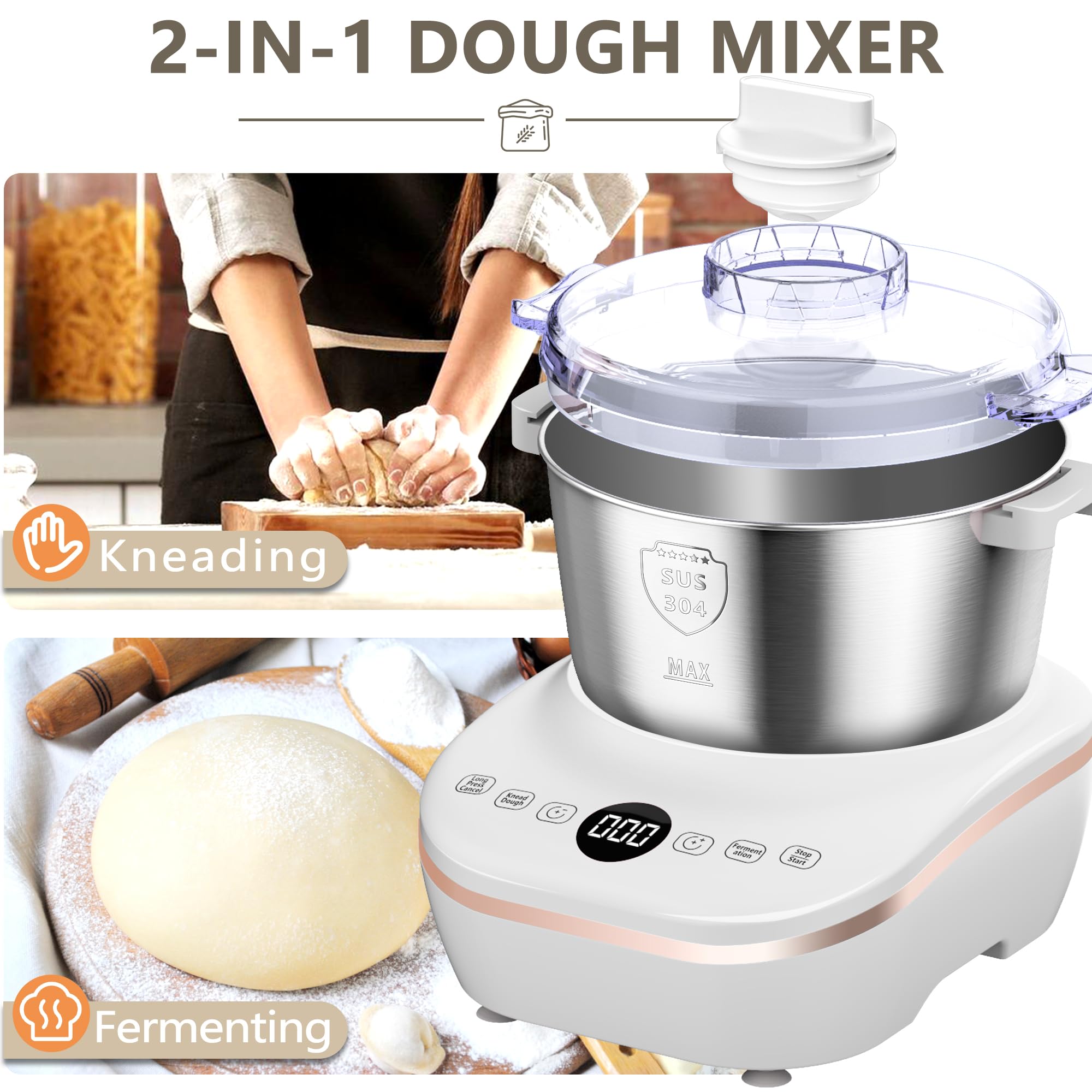Electric Dough Mixer with Ferment Function - 5.2QT (5L) Stainless Steel Stand Mixer for Bread, Pizza, Toast - Perfect for Home Baking, Holiday Gifts & Christmas Presents - Ideal for Kitchens, Bakeries & Holiday Cooking