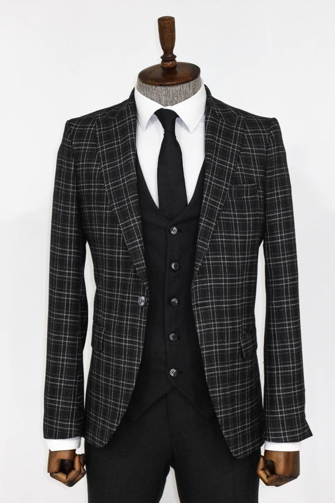 Slim Fit 3 Piece Suit for Men - 1 Button Window Pane Design Business Formal Attire | Perfect for Weddings, Office Meetings & Special Occasions