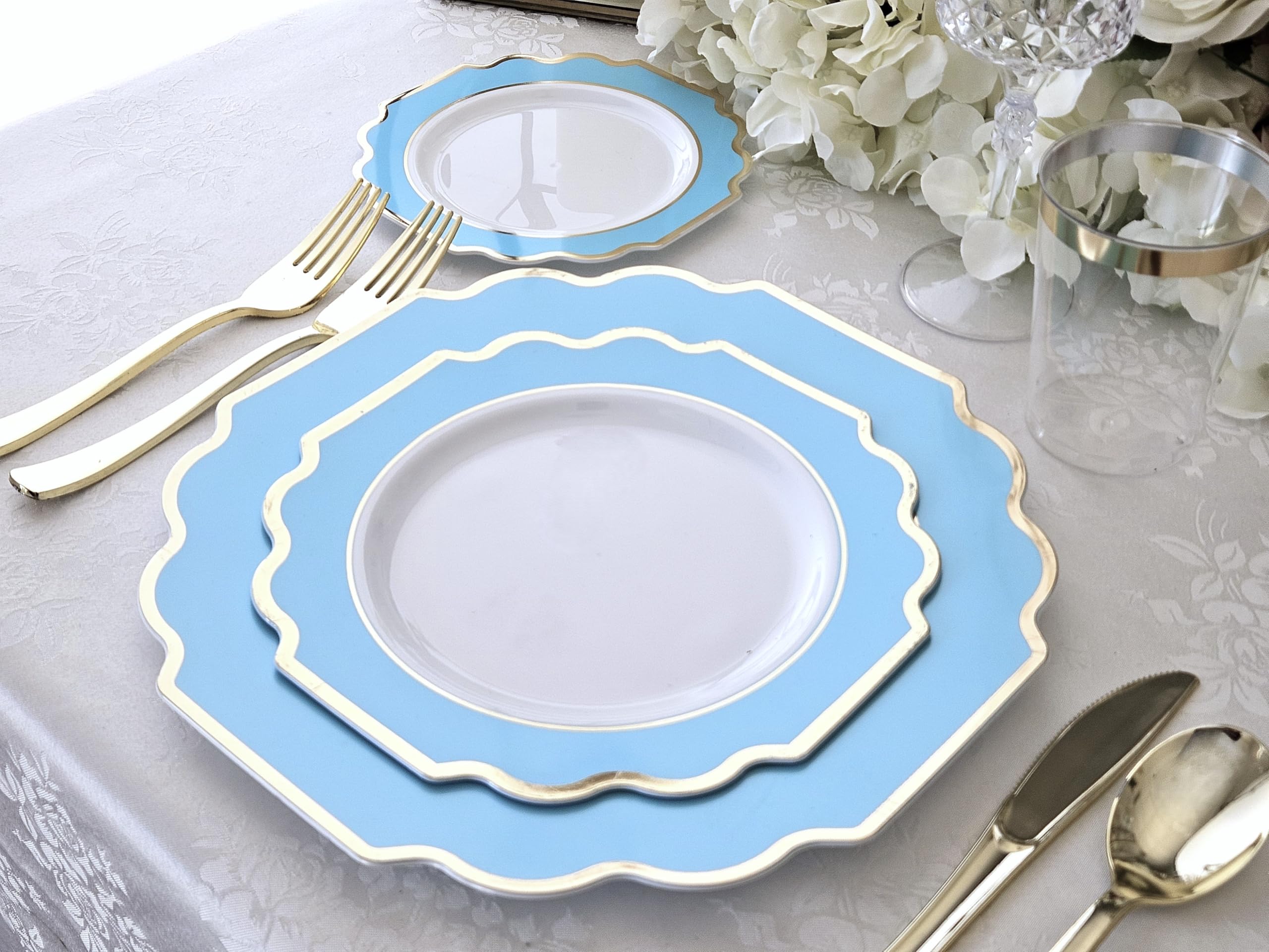 240-Pack Heavyweight Disposable Plastic Plates Set for Weddings & Parties - 120 x 10.5'' Dinner Plates + 120 x 8'' Salad/Dessert Plates (Imperial Aqua/Gold) - Perfect for Catering, Buffets, and Large Gatherings