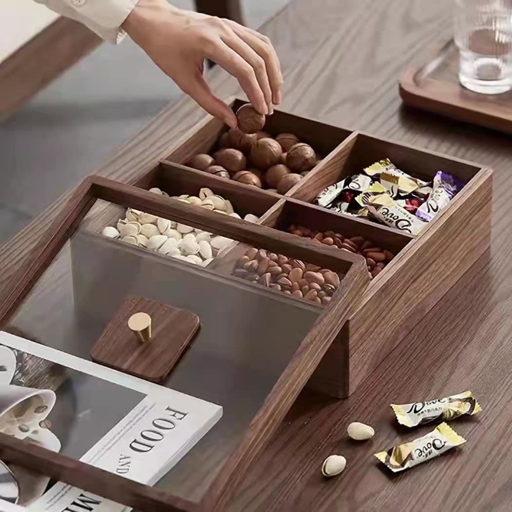 Premium Solid Black Walnut Wood Snack Storage Container - 4 Compartment Collectible Box with Glass Lid for Candy, Nuts, Chocolates & Dry Fruits | Perfect for Kitchen Countertop, Pantry Organization & Gift Giving
