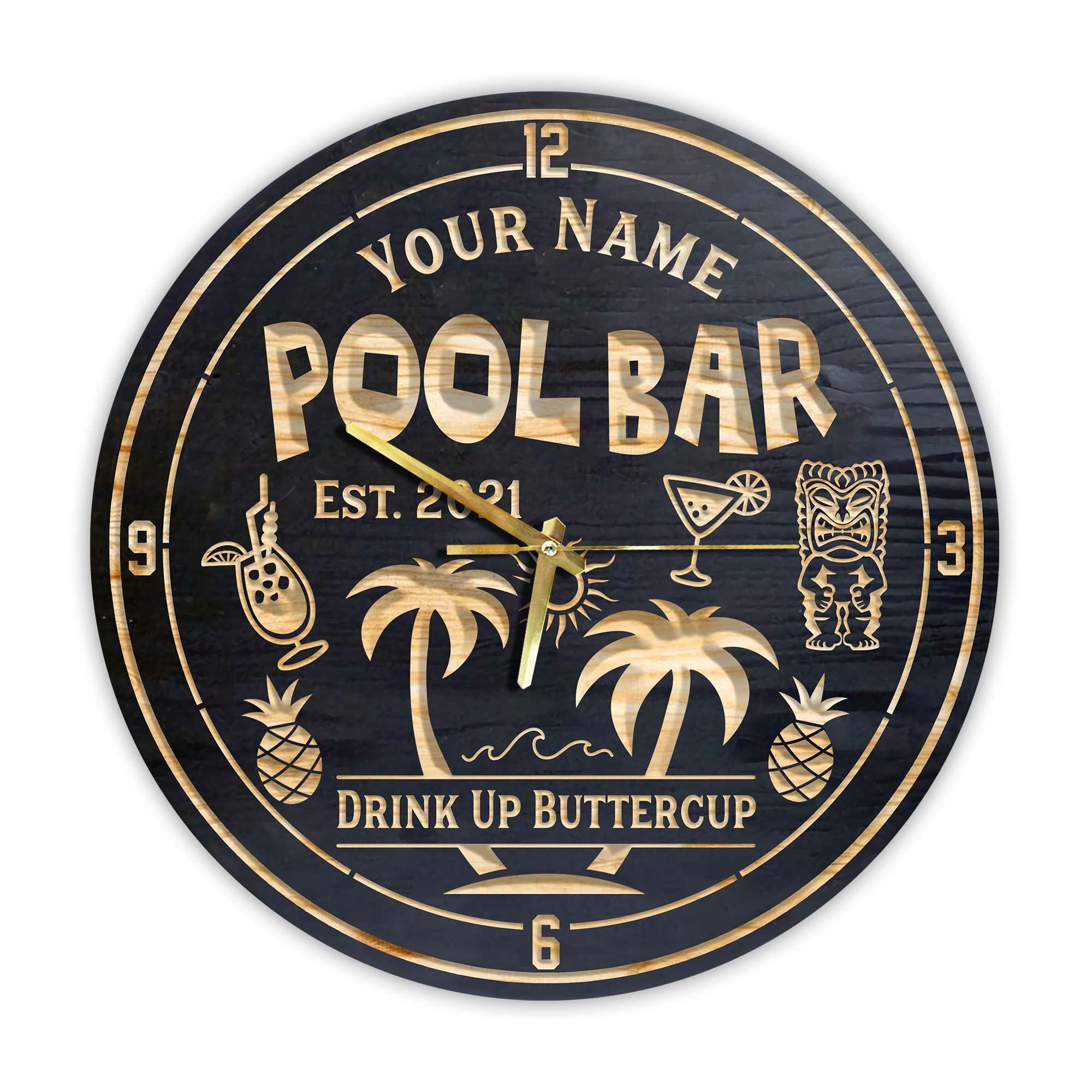 Custom Wood Clock for Pool & Bar Decor - Personalized Tiki Bar Wall Art - 12 Inch Diameter - Perfect for Home, Office, or Outdoor Entertaining Spaces