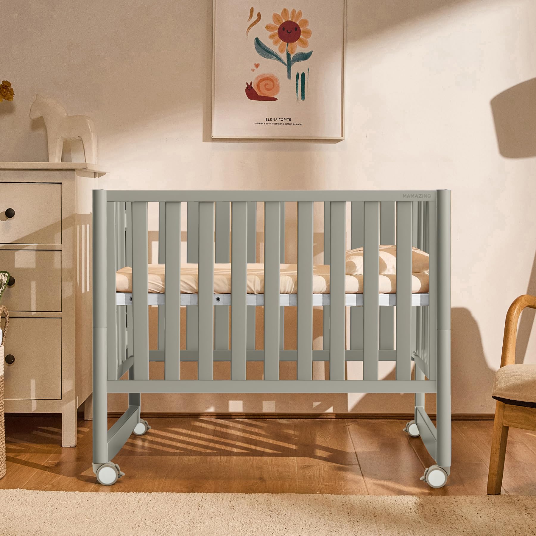 EvoNook 7-in-1 Convertible Mini Crib - Portable Folding Baby Bed with Wheels, 100% New Zealand Pine Wood, 4 Adjustable Heights (Crib to Toddler Bed) - Perfect for Nursery, Small Spaces & Travel