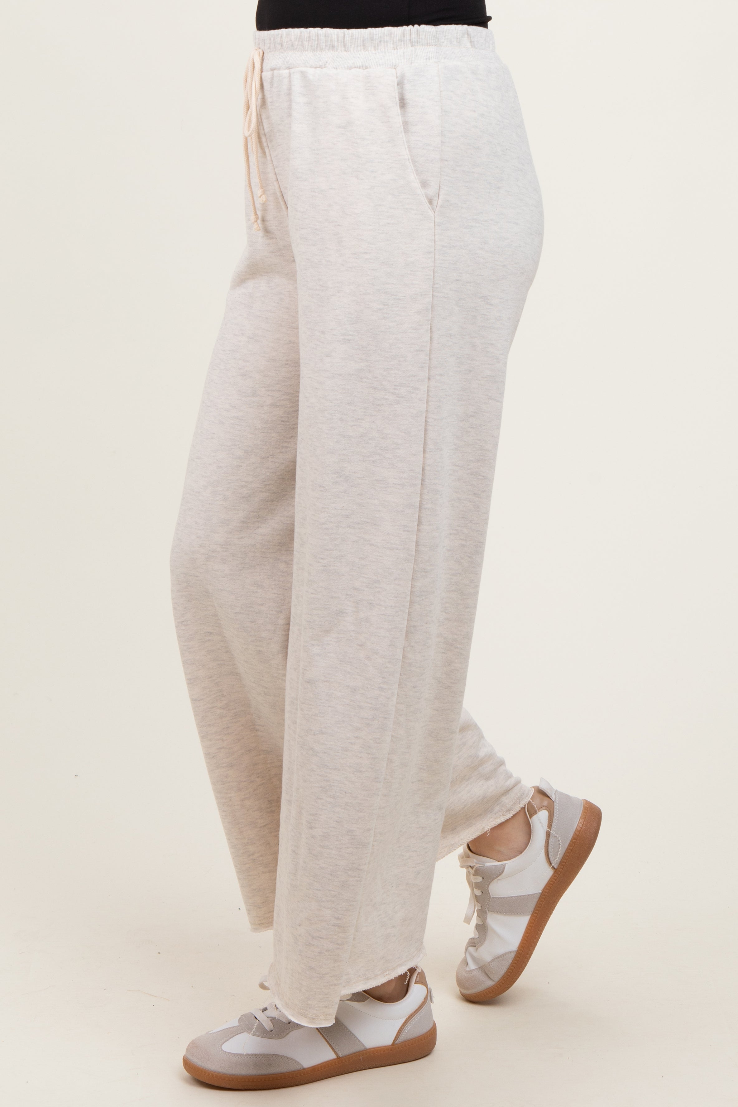 Beige French Terry Raw Edge Wide Leg Pants for Women - Comfortable Lounge Pants, Casual High Waisted Sweatpants for Yoga, Home, Travel & Relaxation