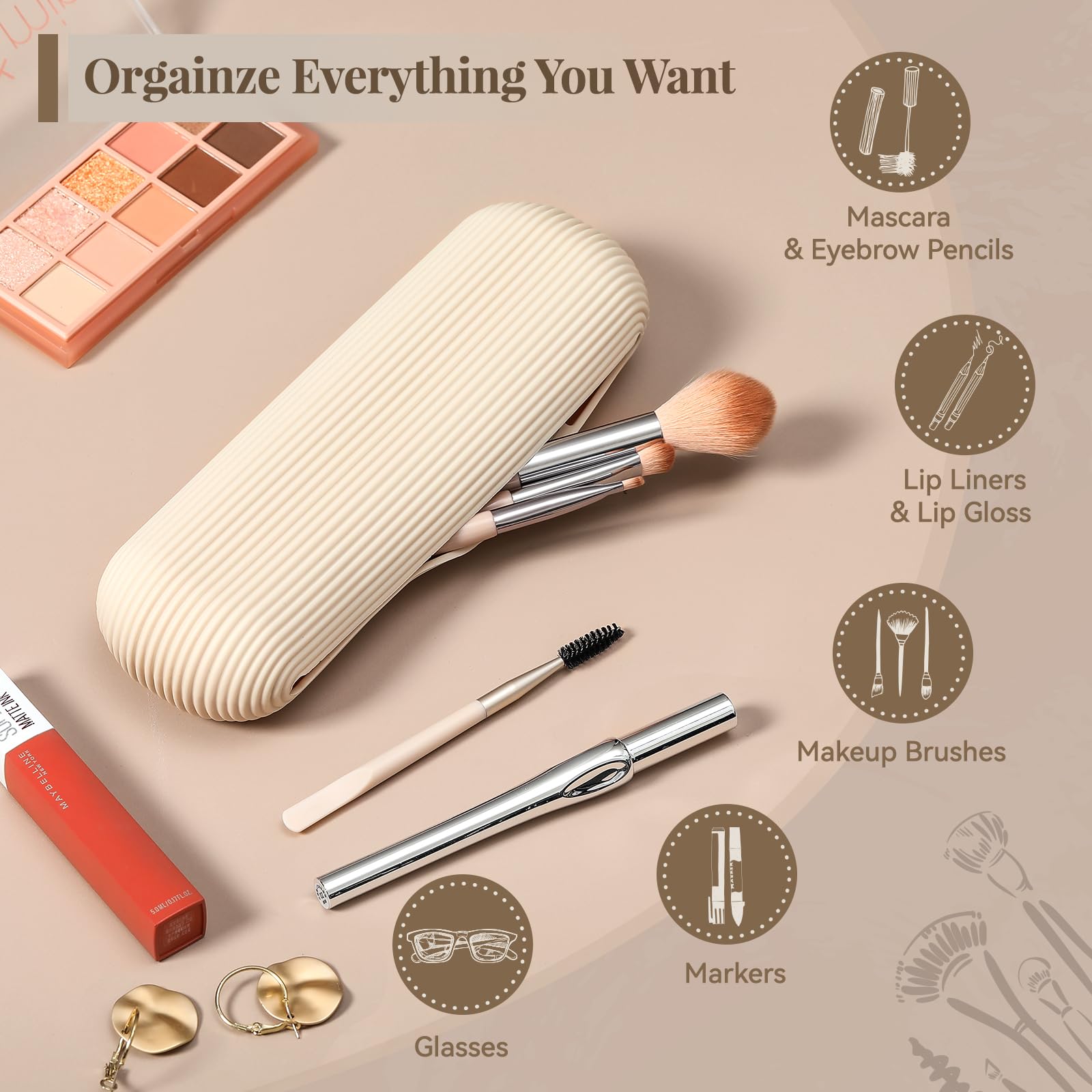 **LANDNEOO Magnetic Travel Makeup Brush Holder – Large Anti-Fall Silicone Cosmetic Organizer Bag, Portable Face Brush Case & Toiletry Pouch – Perfect for Travel, Home, and Salon Use (Khaki)**