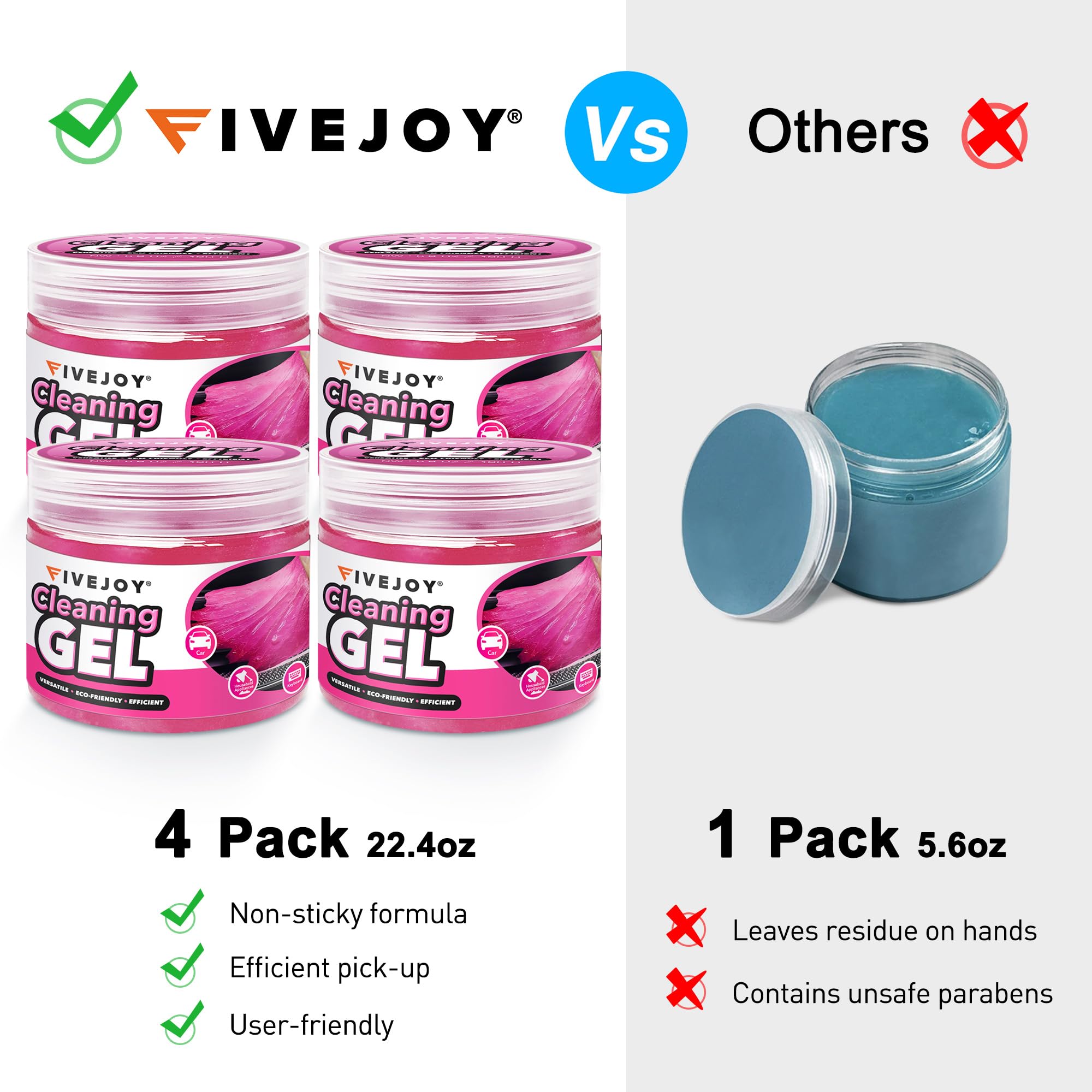 FiveJoy 4Pack Reusable Car Cleaning Gel - Interior Detailing Putty for Dust, Keyboard & Vent Cleaning - Durable Pink Slime Goop (640g/22.4oz) | Perfect for Car Interiors, Electronics & Hard-to-Reach Areas