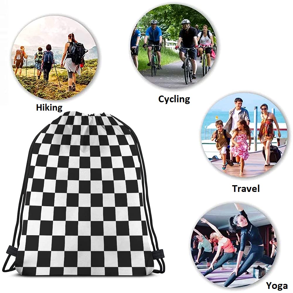 Checkerboard Drawstring Backpack - Black & White Geometric Plaid Pattern Gym Sack for Sports, Yoga, Chess & Racing | Durable String Bag for Men & Women | Perfect for Gym, Travel & Outdoor Activities
