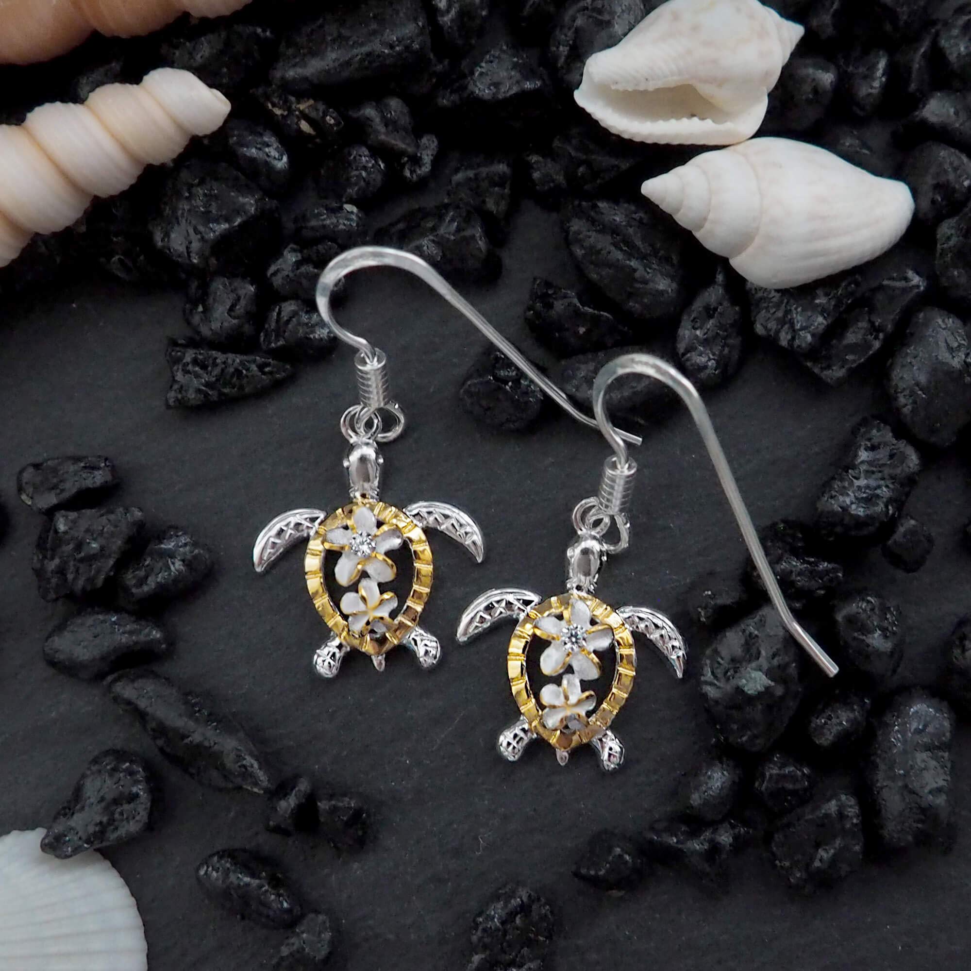 Sterling Silver Petroglyph Turtle Plumeria Dangle Earrings for Women - Hawaiian Style Handmade Jewelry - Perfect for Beach Vacations, Summer Parties & Boho Fashion