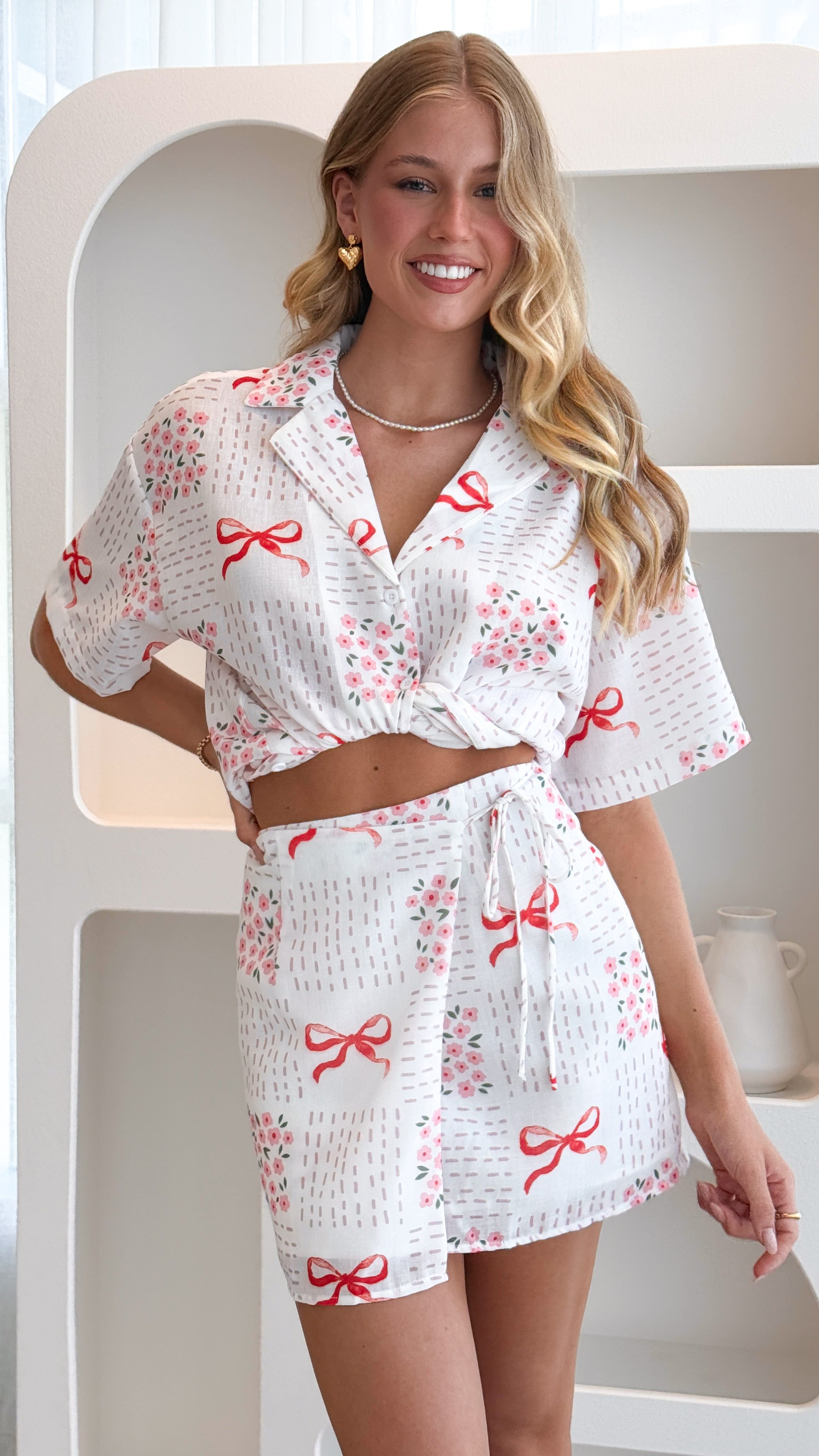 Abilene Wrap Mini Skirt with Sweet Bow - Pink Floral Print Stretchy High Waist Skirt for Women | Perfect for Date Night, Party & Summer Outfits