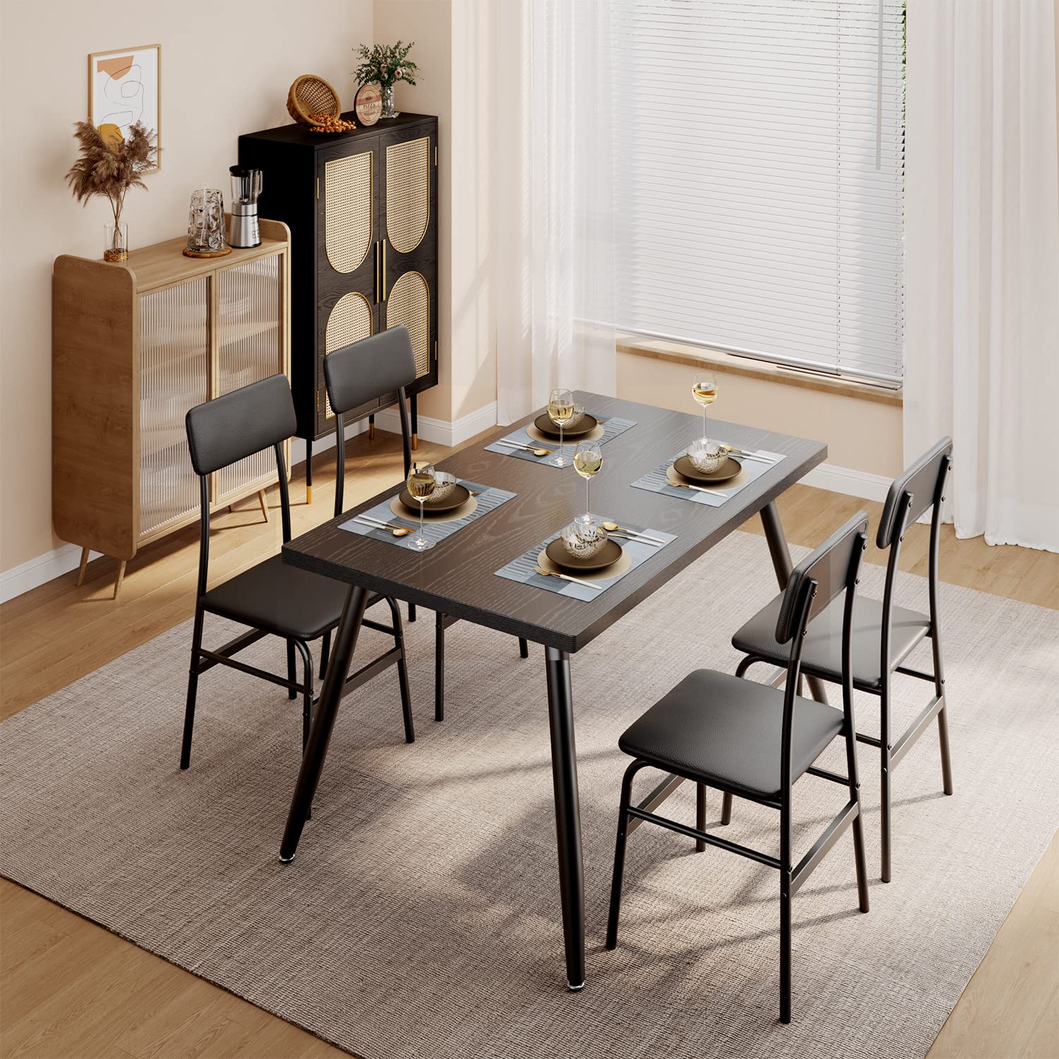 Gizoon 5-Piece Modern Dining Table Set for 4 - Metal & Wood Kitchen Table with 4 Chairs, Space-Saving Apartment Furniture for Small Spaces in Black | Perfect for Breakfast Nooks, Compact Kitchens & Cozy Dining Areas