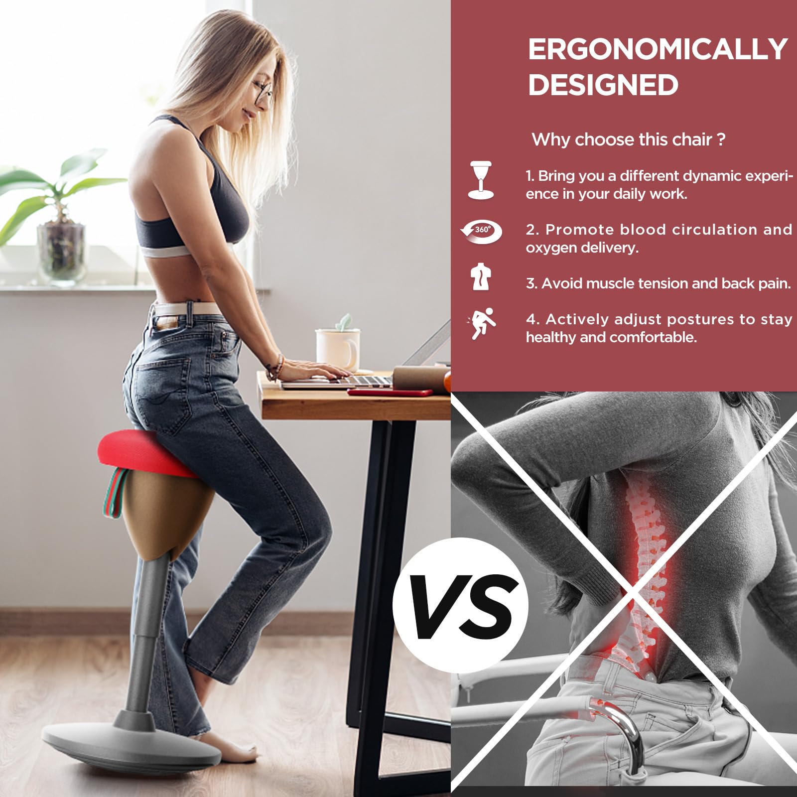 360° Adjustable Height Wobble Stool - Ergonomic Standing Desk Chair for Office & Classroom - Rocking Motion Balance Stool with Non-Slip Base - Portable Active Sitting Solution (Red) - Perfect for Home Office, School & Workspaces