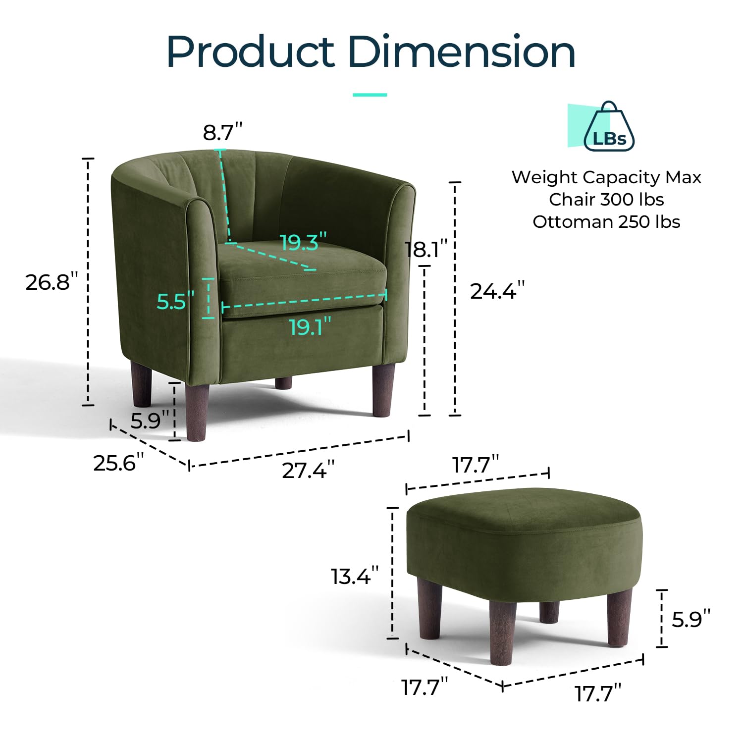 LINSY Modern Velvet Accent Chair with Ottoman - Barrel Armchair for Living Room, Bedroom & Reading Room - Comfy Round Arms & Footrest - Olive Green - Perfect for Relaxing, Reading & Lounging