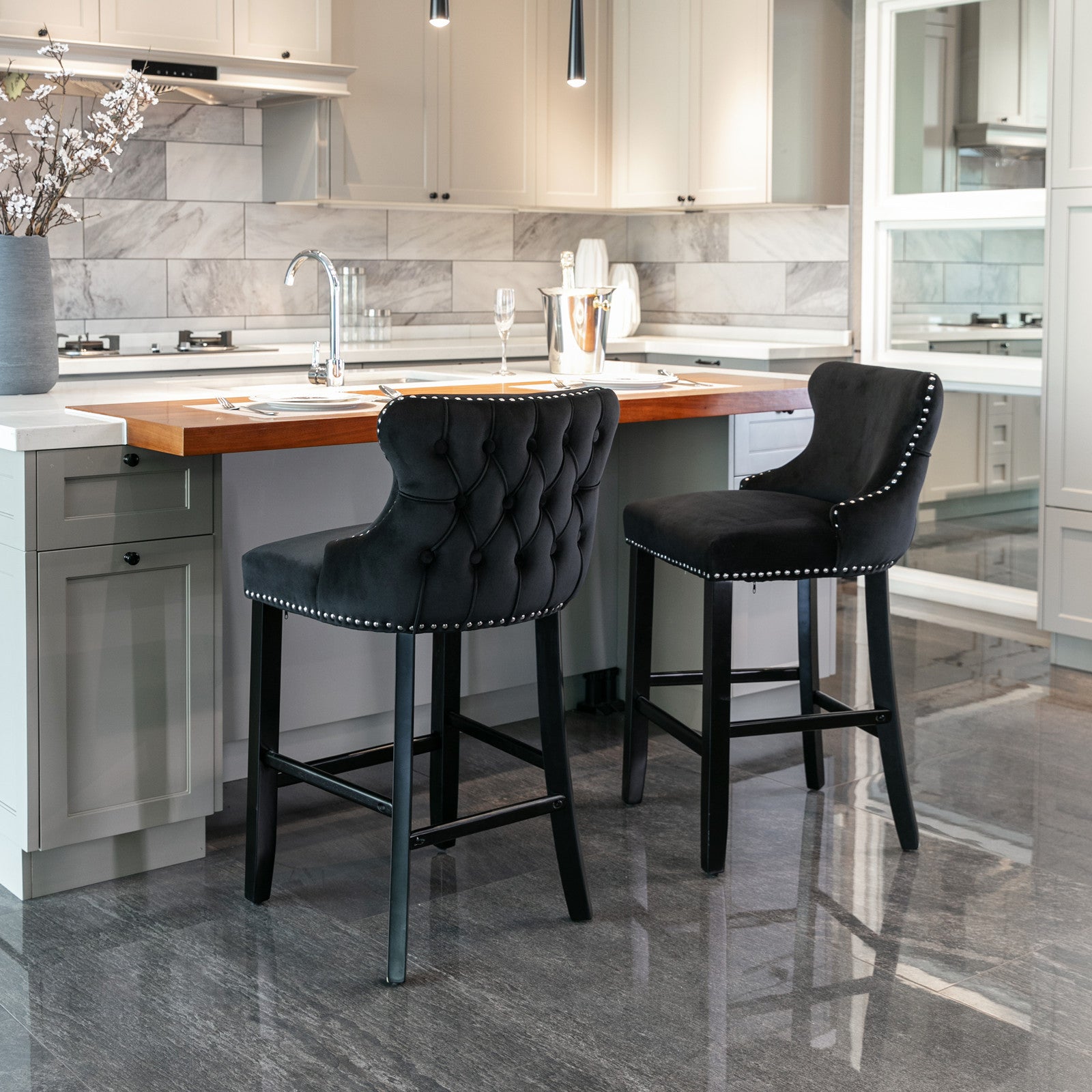 Modern Velvet Upholstered Wingback Bar Stools with Button Tufting & Wooden Legs - Set of 4 Black Bar Chairs with Chrome Nailhead Trim for Kitchen Island, Home Bar & Dining Room Decor - SW1824BK