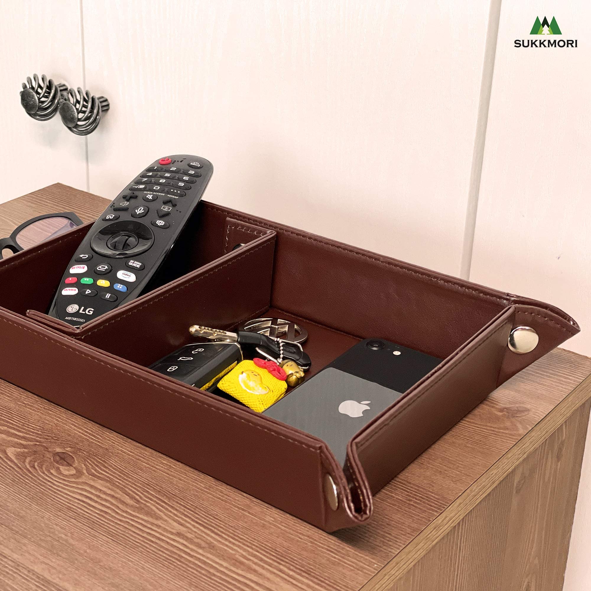 Premium PU Leather Nightstand Valet Organizer - Jewelry & Accessories Tray for Men & Women | Dresser Top Catchall for Keys, Wallet, Watch | Bedside Station & Desk Organizer for Home & Office Use
