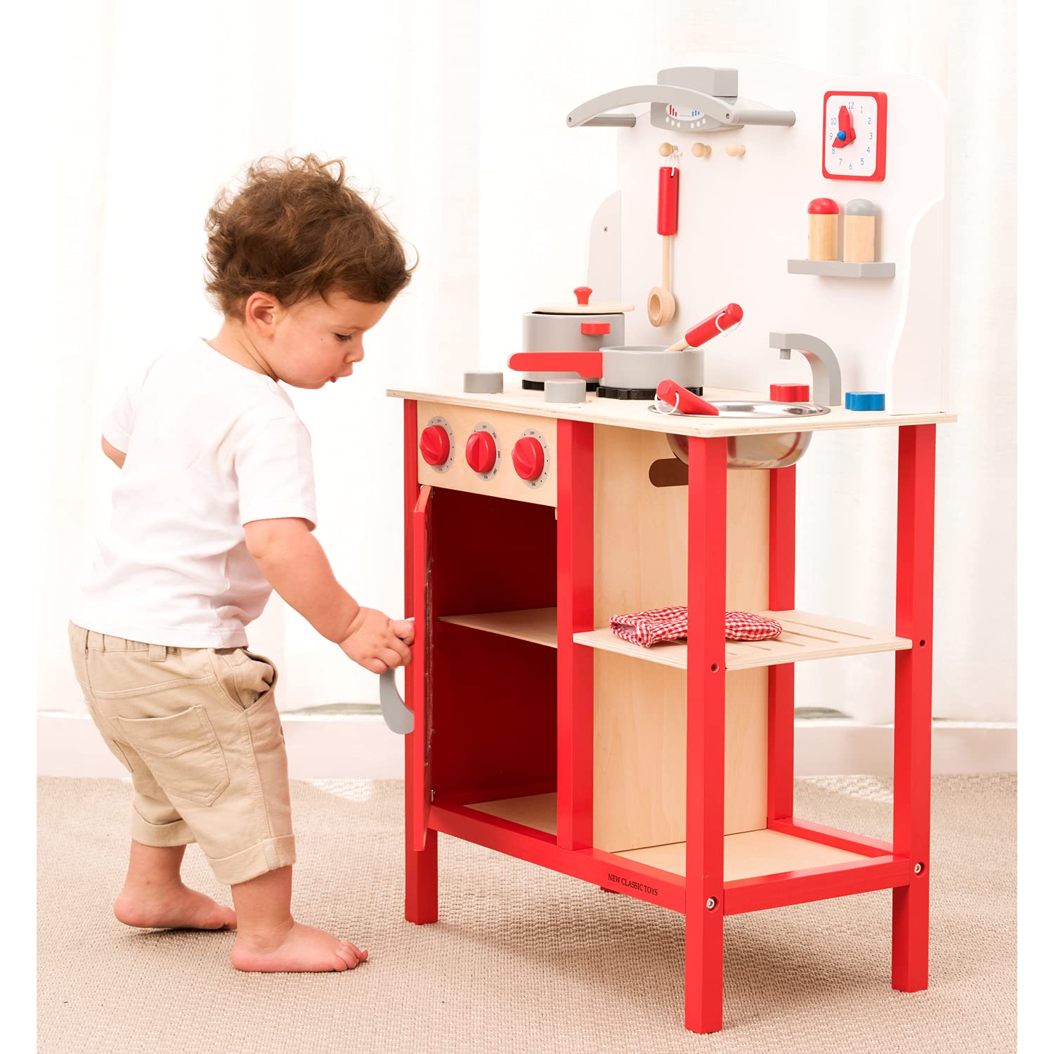 Premium Red Wooden Pretend Play Kitchen Set for Kids - Classic Toy with Role Play Accessories (Bon Appetit Included) | Ideal for Imaginative Play, Birthday Gifts & Preschool Learning (Model 11055)