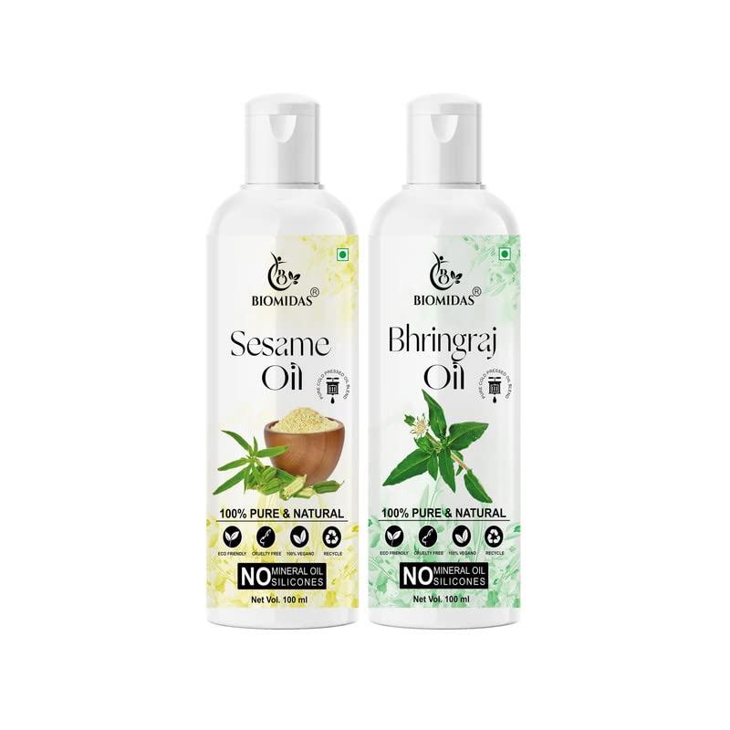 Biomidas 100% Pure Sesame Oil & Bhringraj Oil Combo (100ML Each) for Fast Hair Growth, Anti Hair Loss, Split Ends Repair - Promotes Soft, Shiny Hair (2-Pack) | Natural Hair Care for Daily Use & Scalp Massage