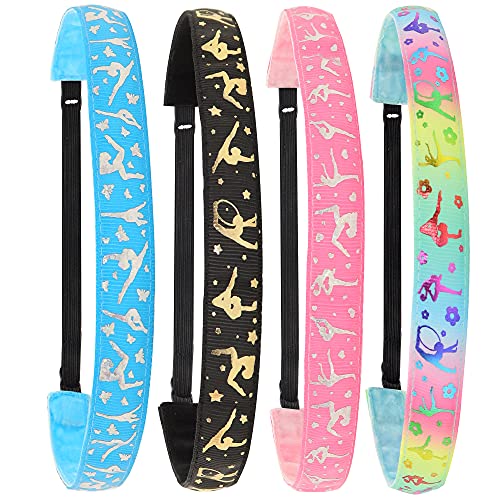 Non-Slip Adjustable Gymnastics Headbands for Girls - 4 Pack Metallic Grosgrain Dance Hair Accessories | Sports Headbands for Kids, Gymnast & Dancer Hair Bands | Perfect for Dance Classes, Gymnastics Practice & Birthday Party Favors