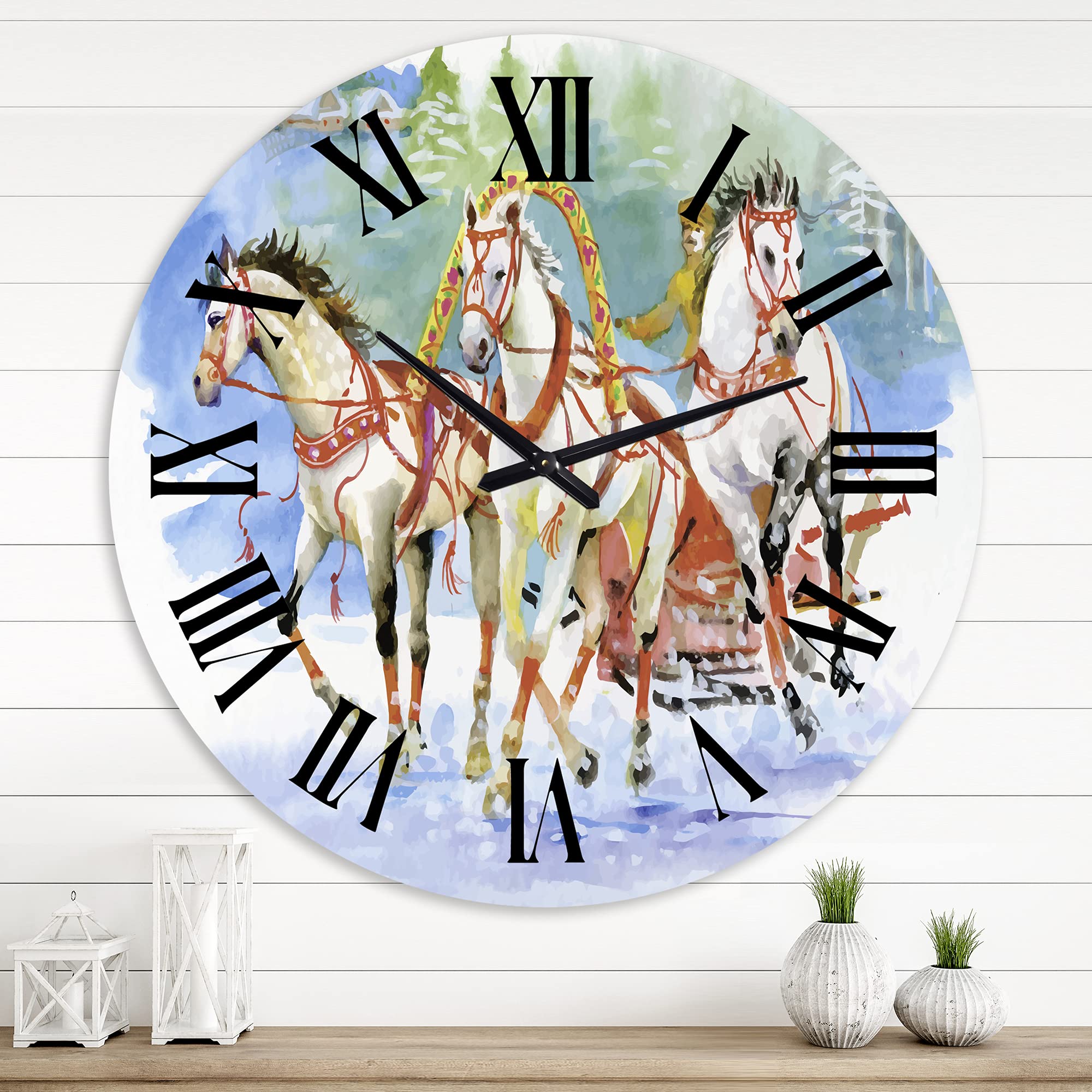 Farmhouse Wall Clock with Galoping Horses & Carriage in Snow - Large Rustic Animal Wall Decor for Living Room, Bedroom, Office | Perfect for Country Home, Cabin & Winter Themed Decor