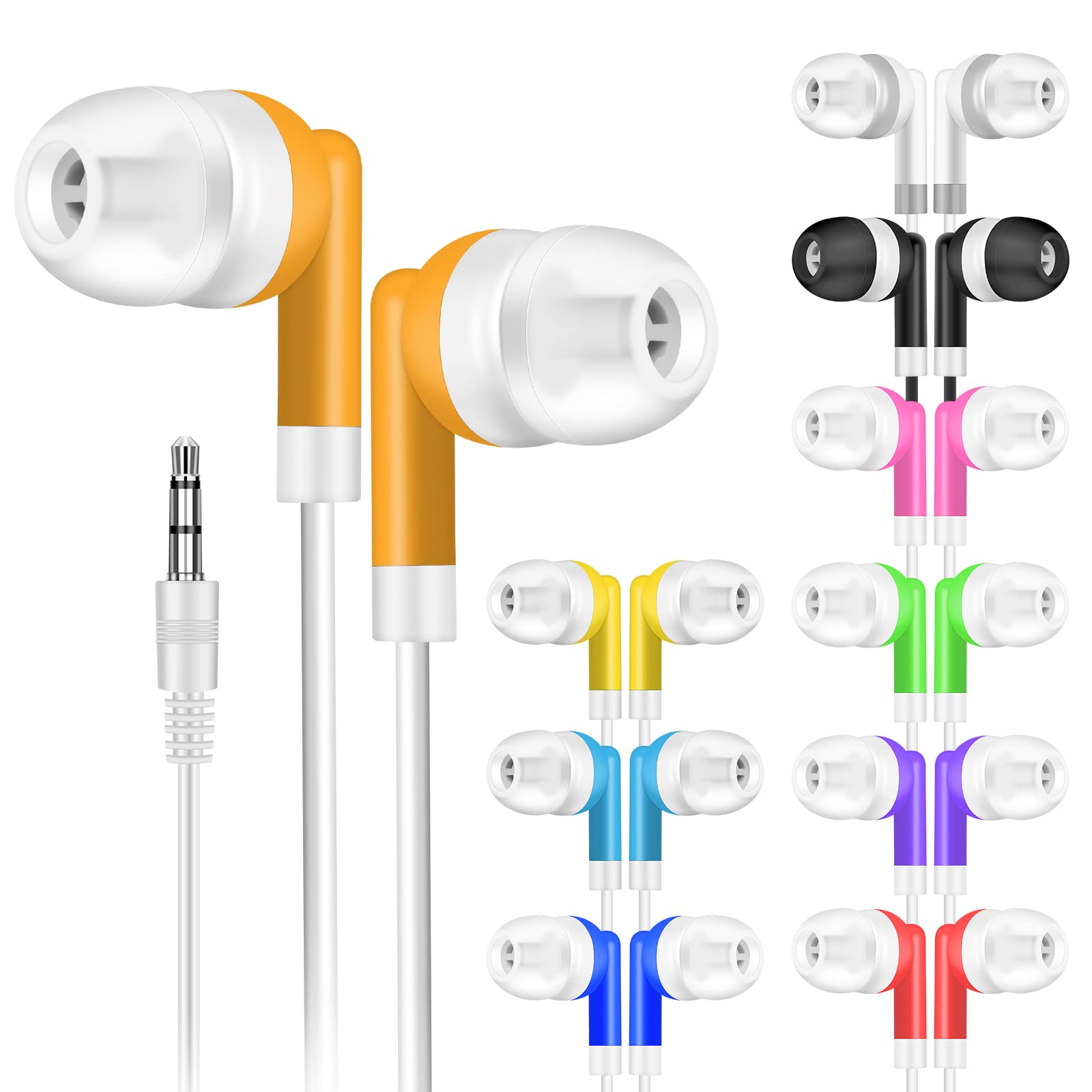 50 Pack Bulk Kids Earbuds - Colorful Individually Bagged Headphones for School, Classroom & Library Use - Wholesale Student Headphones for Learning & Study Sessions