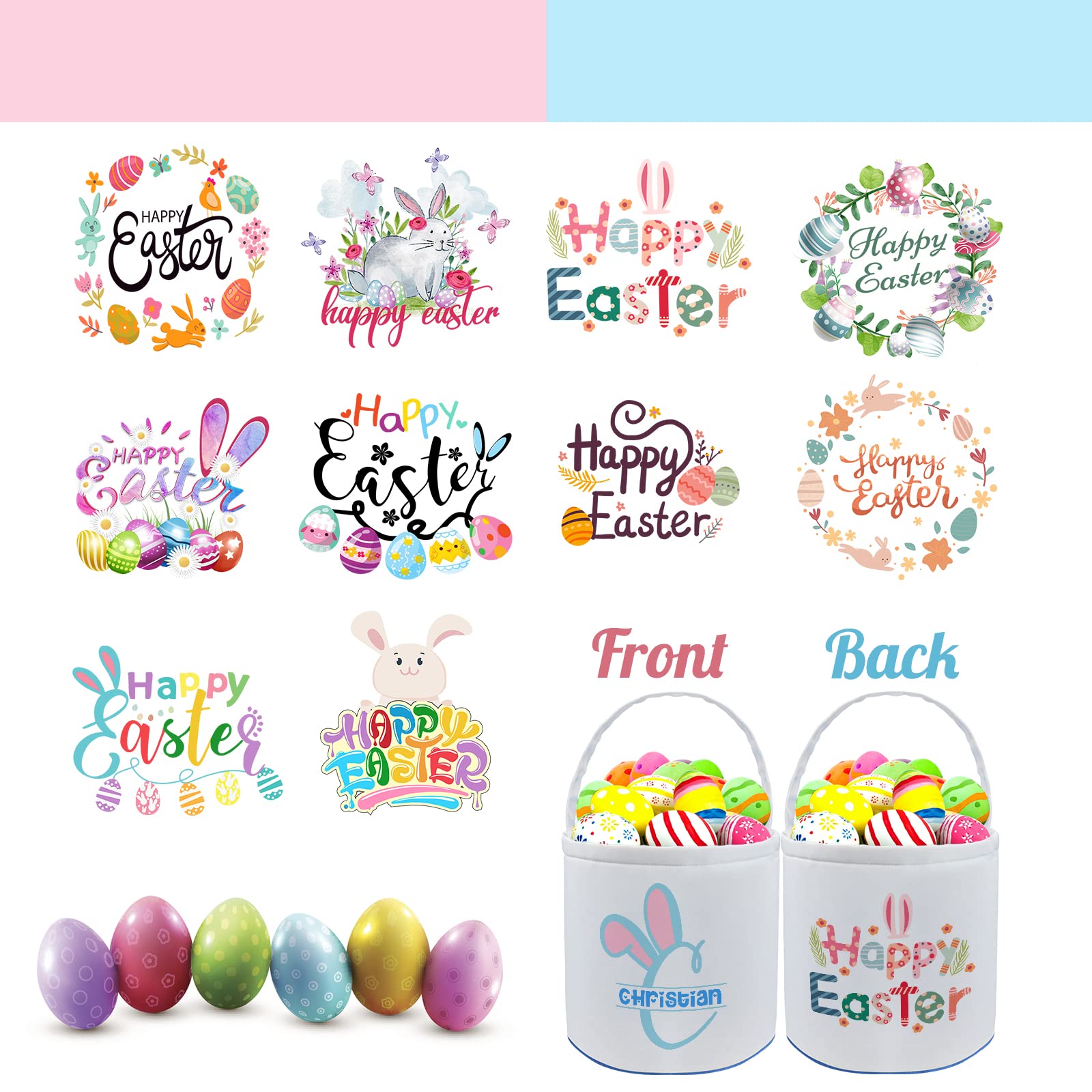 Personalized Easter Basket with Name - Custom Candy Egg & Bunny Tote Bag for Girls & Boys - Happy Easter Gift & Decor in Pink - Perfect for Easter Egg Hunts, Party Favors & Spring Celebrations