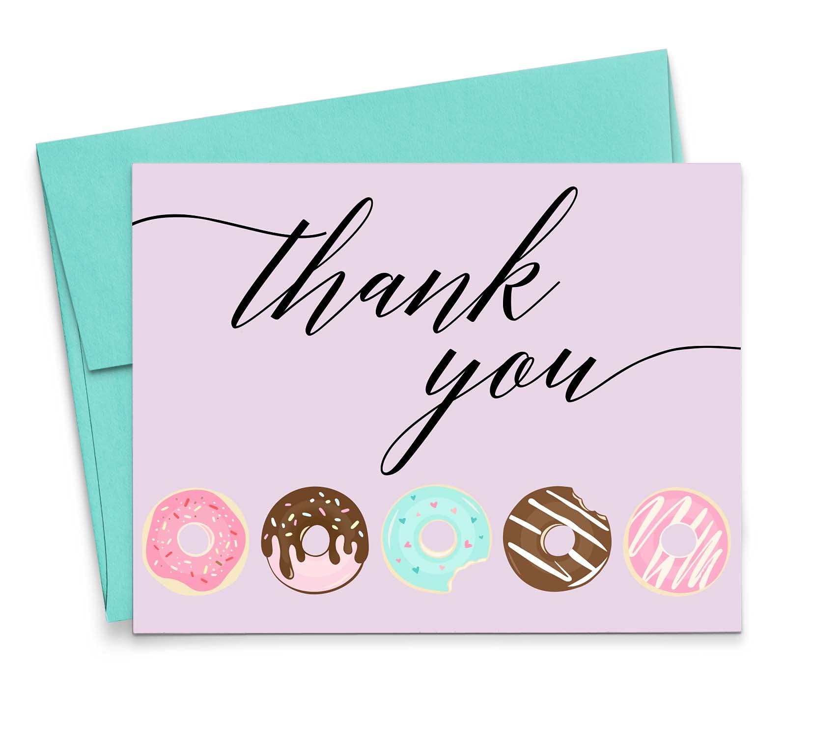 Adorable Donut Thank You Cards with Envelopes - Blank Folded Greeting Cards for Birthdays, Baby Showers & Special Occasions | Choose Quantity & Envelope Color | Perfect for Party Favors, Wedding Thank Yous & Appreciation Gifts
