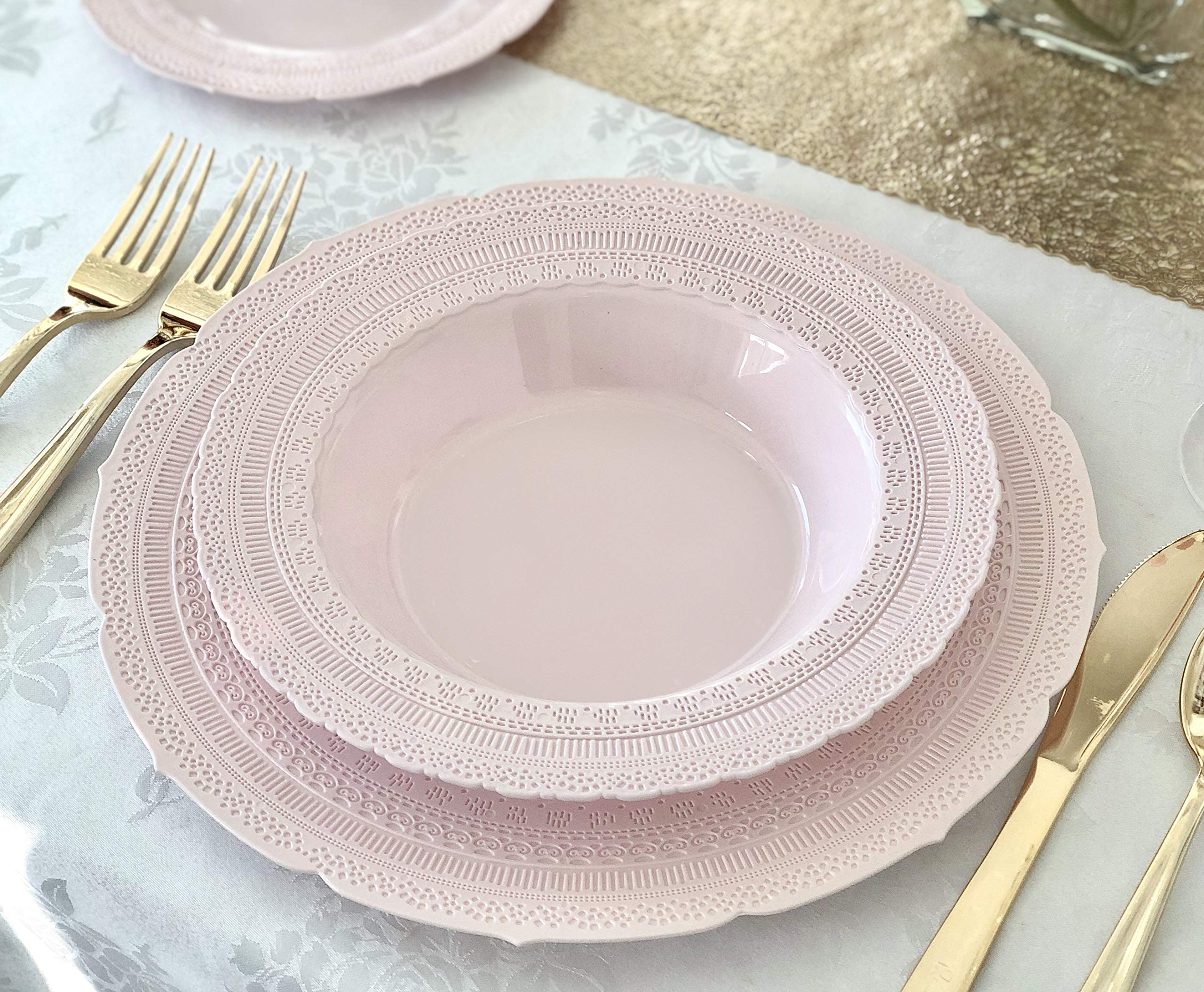 240-Pack Heavyweight Vintage Disposable Plastic Plates - 7'' Chateau Blush Pink Dessert Plates for Wedding, Party & Special Occasions | Elegant & Durable Tableware for Catering, Picnics & Events