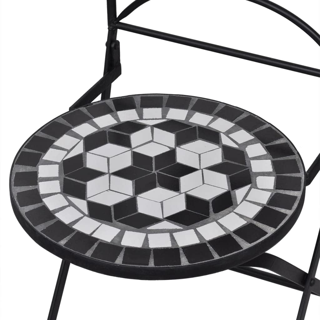 vidaXL 3-Piece Bistro Set with Round Table & Folding Chairs - Black & White Ceramic Tile Patio Furniture for Outdoor Garden, Balcony, or Poolside Dining
