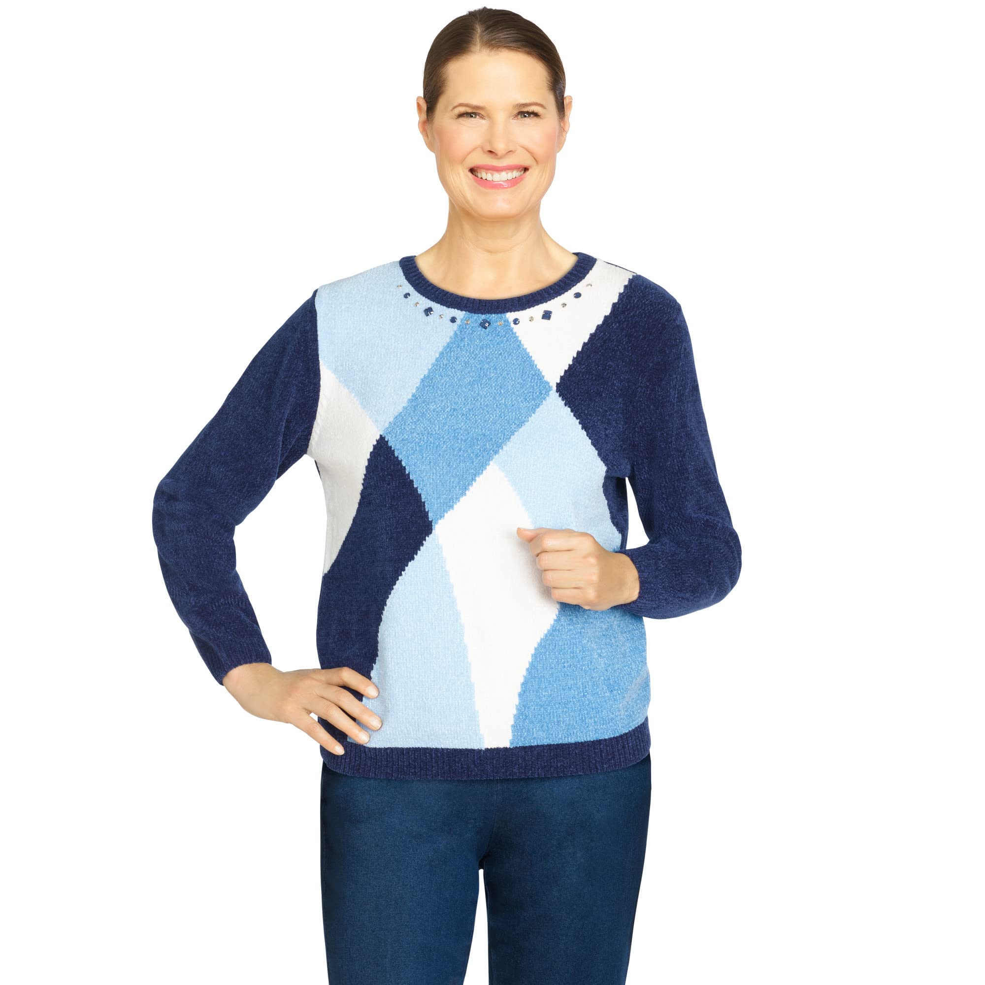 Alfred Dunner Women's Petite Chenille Colorblock Sweater - Soft Winter Pullover for Casual Wear & Holiday Outfits