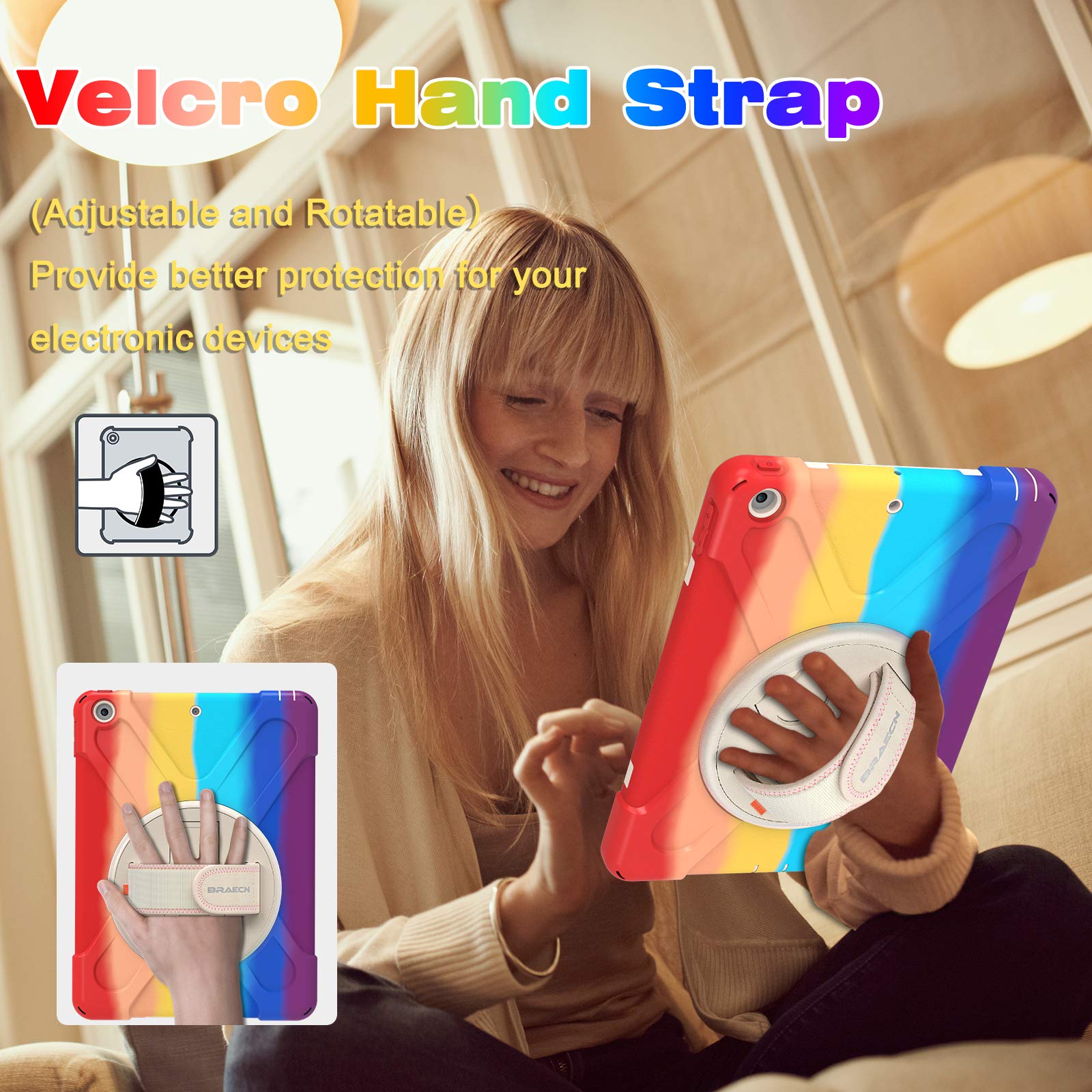 BRAECN Heavy Duty Rugged Kids Case for iPad 9.7 Inch (6th/5th Generation) - Shockproof Protective Cover with Hand Strap, Kickstand, Pencil Holder & Shoulder Strap - Compatible with iPad A1893/A1954/A1822/A1823 (Rainbow) - Perfect for School, Travel & Outdoor Activities