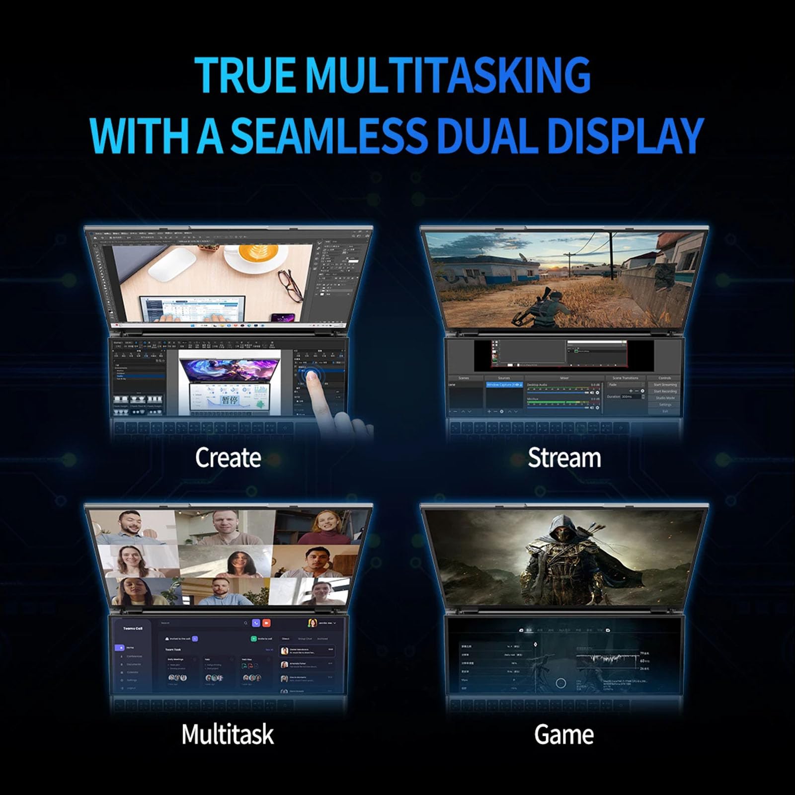 Tuofudun 16 Inch IPS Dual Screen Gaming Laptop with 14'' Touch Display | Intel i9 Processor, Graphics Dock, 64GB RAM, 4TB SSD | Ultra Slim Gamer Notebook PC for Professional Gaming & Multitasking | Perfect for Esports, Streaming & Creative Work