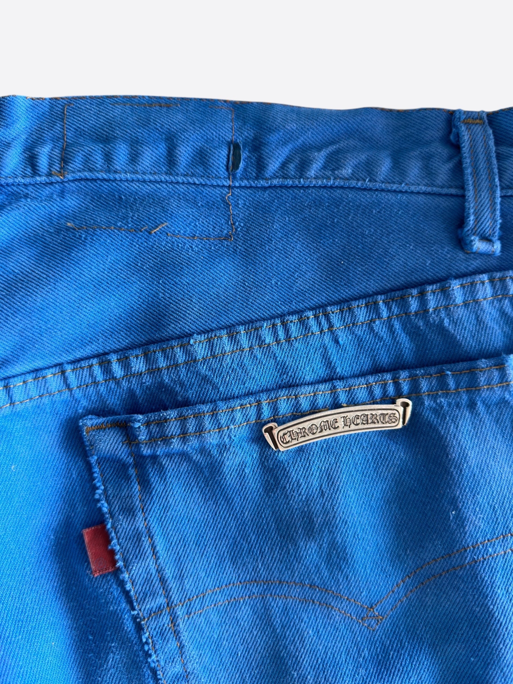 Chrome Hearts x Levi's London Exclusive Blue Dyed Cross Patch Denim Jeans for Men - Stylish Vintage Designer Pants for Casual Wear & Street Fashion