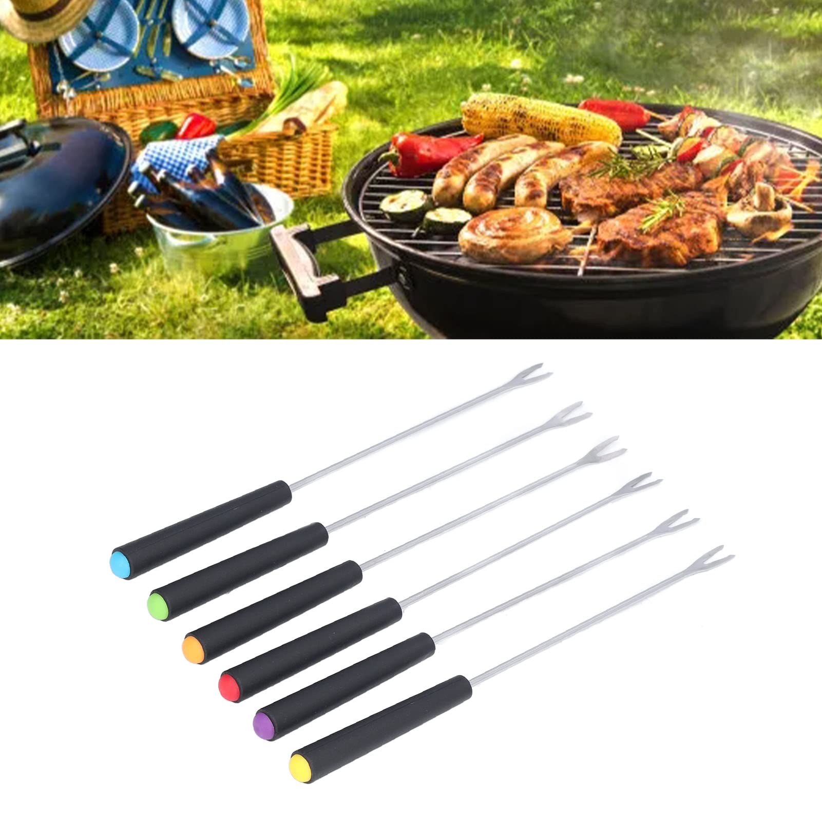6-Piece Stainless Steel Fondue Forks Set with Heat-Resistant Handles - 9.5