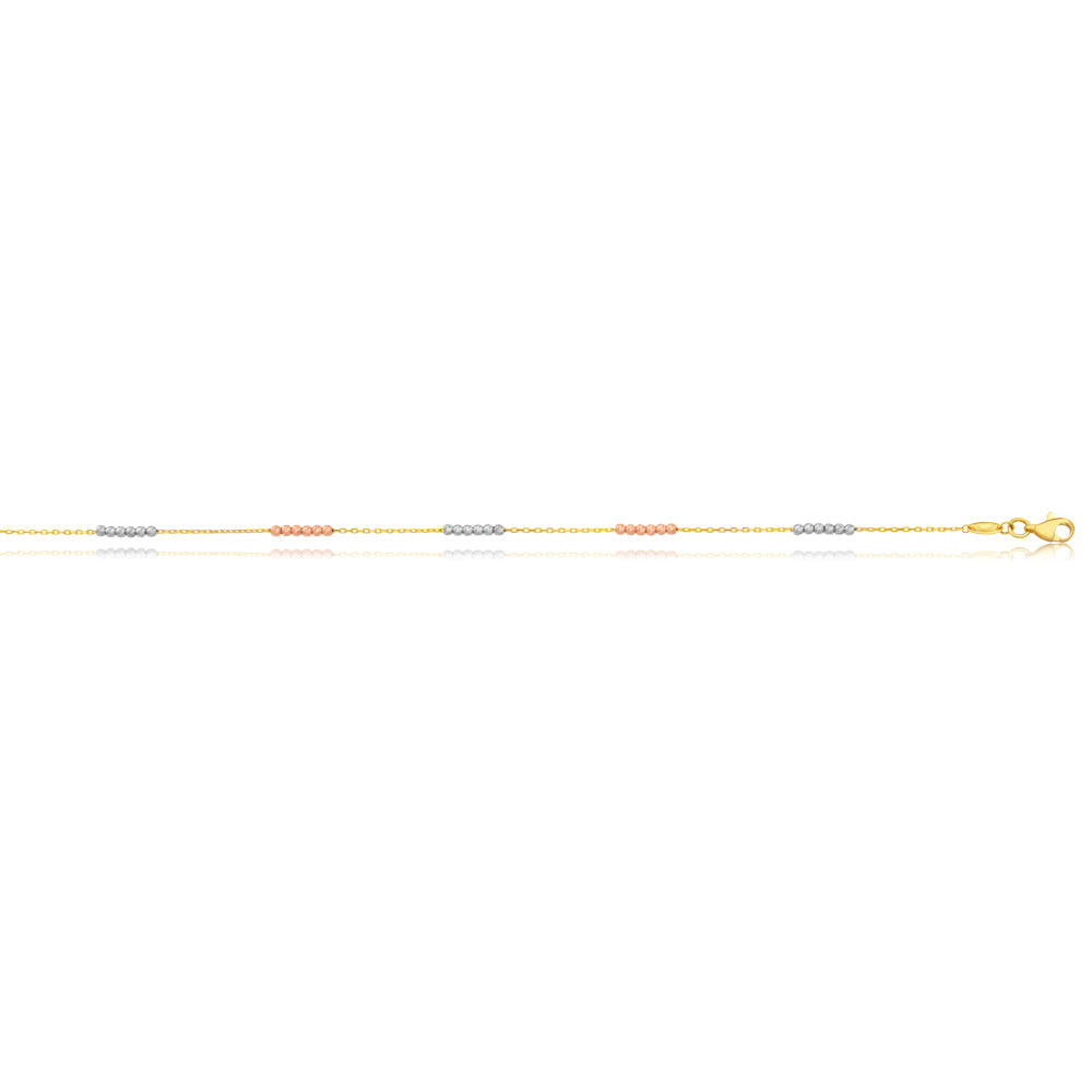 9ct Yellow Gold Anklet 23cm with 3-Tone Beads - Elegant Adjustable Ankle Bracelet for Women, Perfect for Beach, Party & Everyday Wear