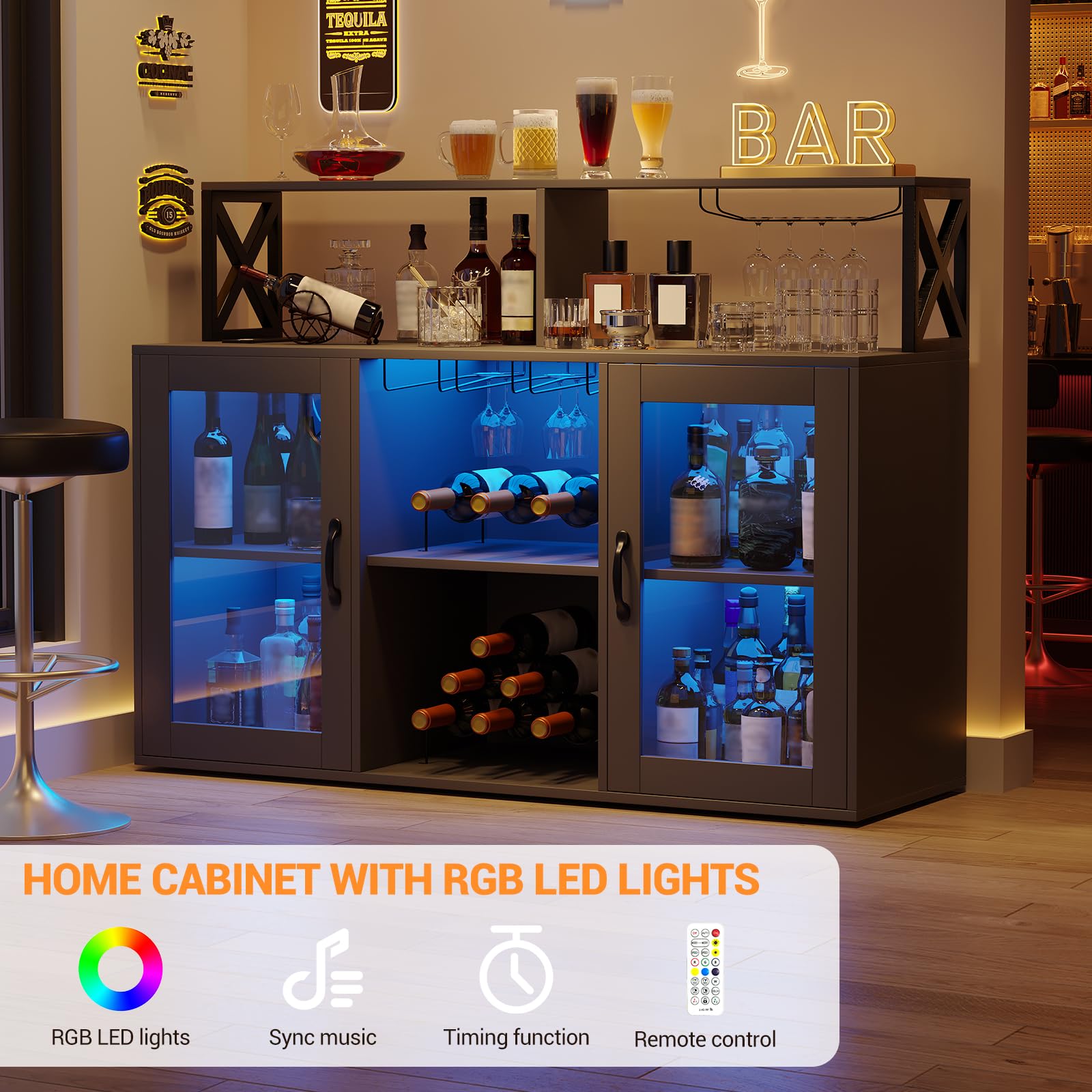 CuisinSmart Modern Bar Cabinet with Power Outlets & LED Lights - Wine Liquor Storage Cabinet with Glass Holder, Shelves for Kitchen, Dining Room, Home Bar - Perfect for Entertaining Guests & Home Decor