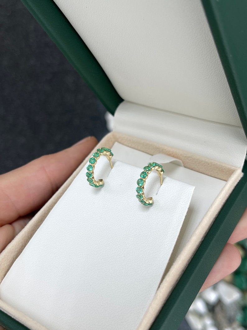 1.50tcw 14K Gold Medium Green Round Cut Emerald Prong Set Half Hoop Huggie Earrings for Women - Elegant Everyday Jewelry Gift for Her, Perfect for Parties, Weddings & Special Occasions