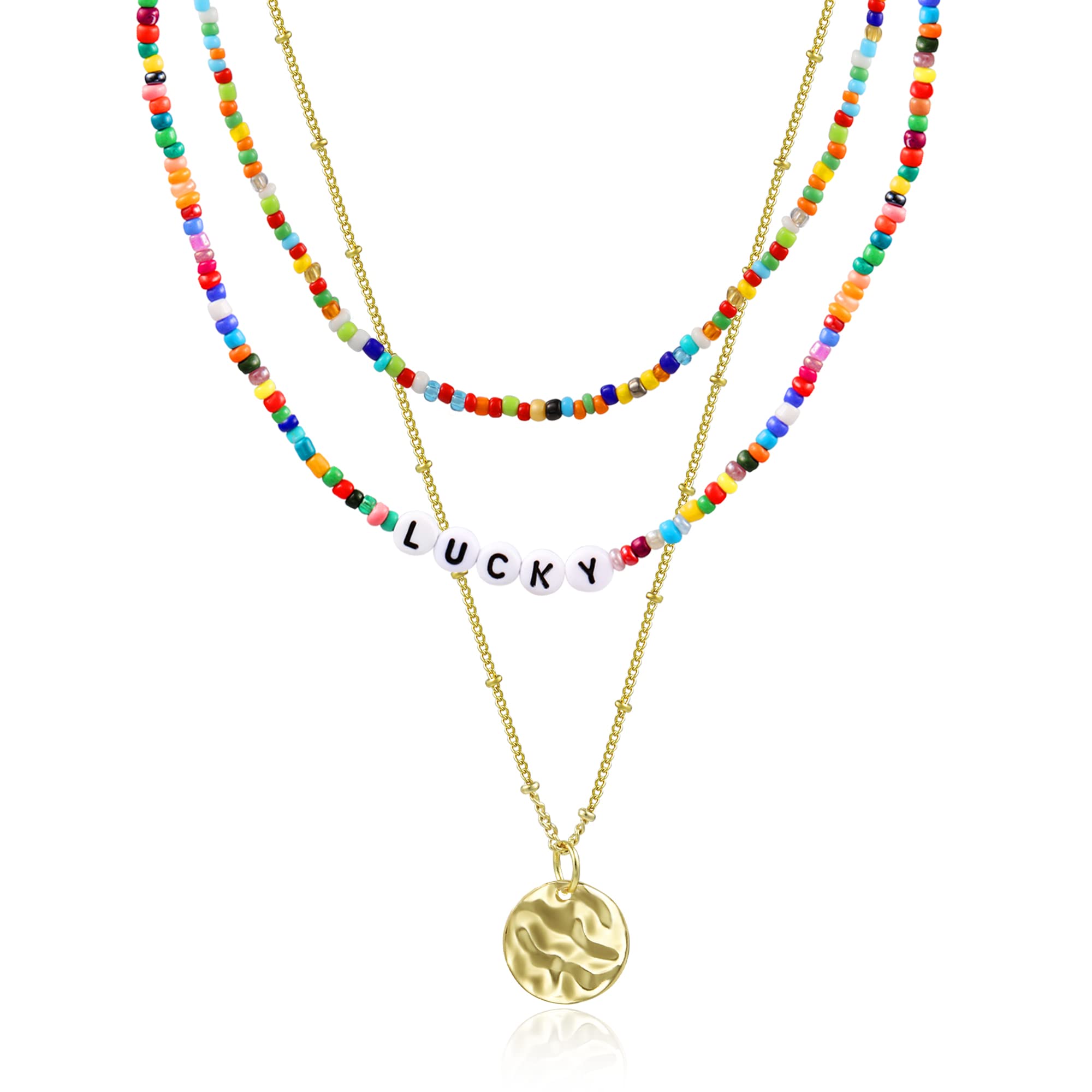 Set of 3 Y2K Style Colorful Layered Beaded Necklaces with Gold Coin Pendants - Trendy Choker Necklaces for Teen Girls & Women | Perfect for Christmas Gifts, Parties, and Everyday Fashion Accessories