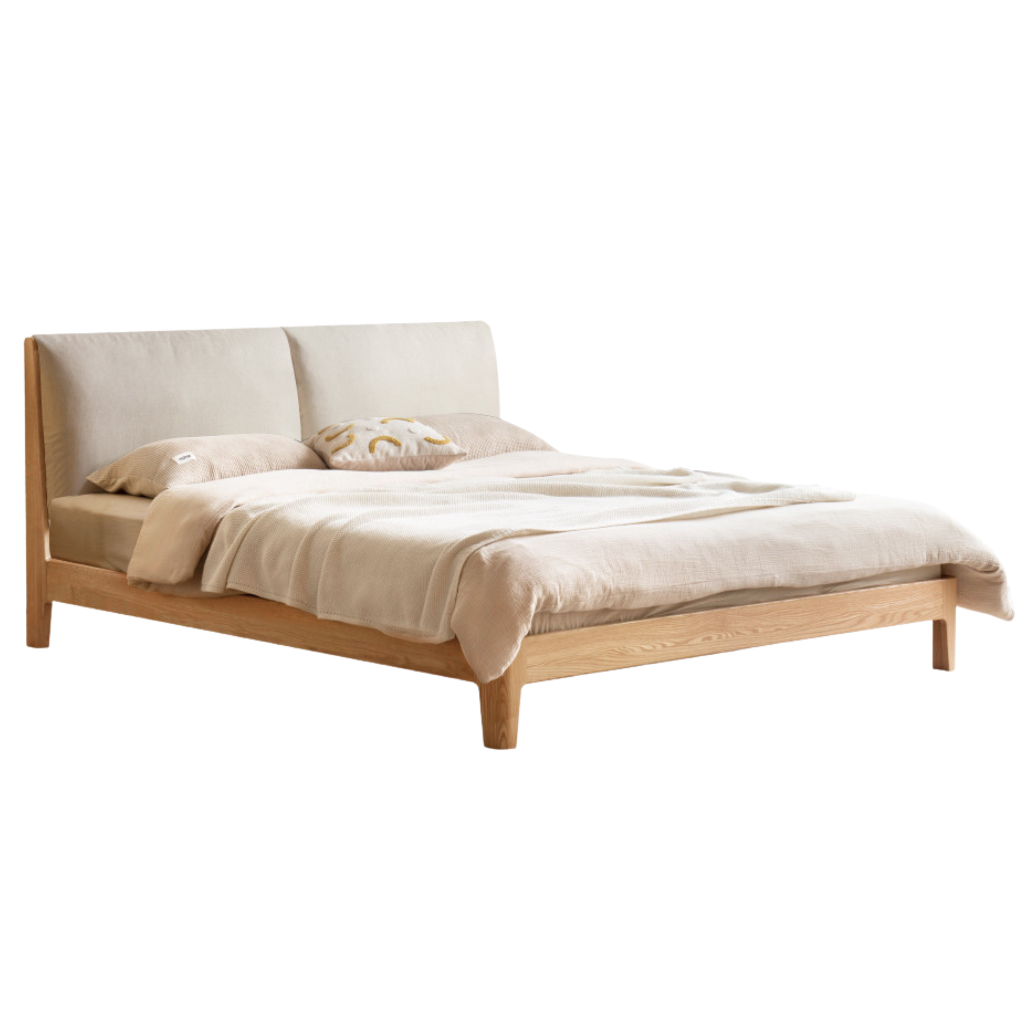 Solid Oak and Black Walnut Wood Fabric Soft Bed - Premium Handcrafted Wooden Bed Frame for Bedroom, Durable and Stylish Home Furniture for Master Bedroom, Guest Room, or Kids Room