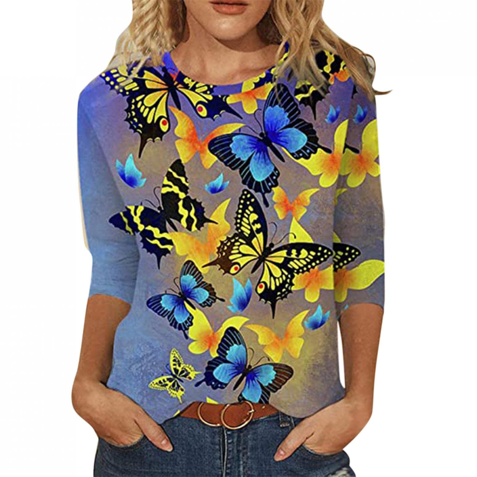 Women's 3/4 Sleeve Graphic Tee - Butterfly Print Crewneck Casual T-Shirt Top for Everyday Wear, Work & Weekend Outfits