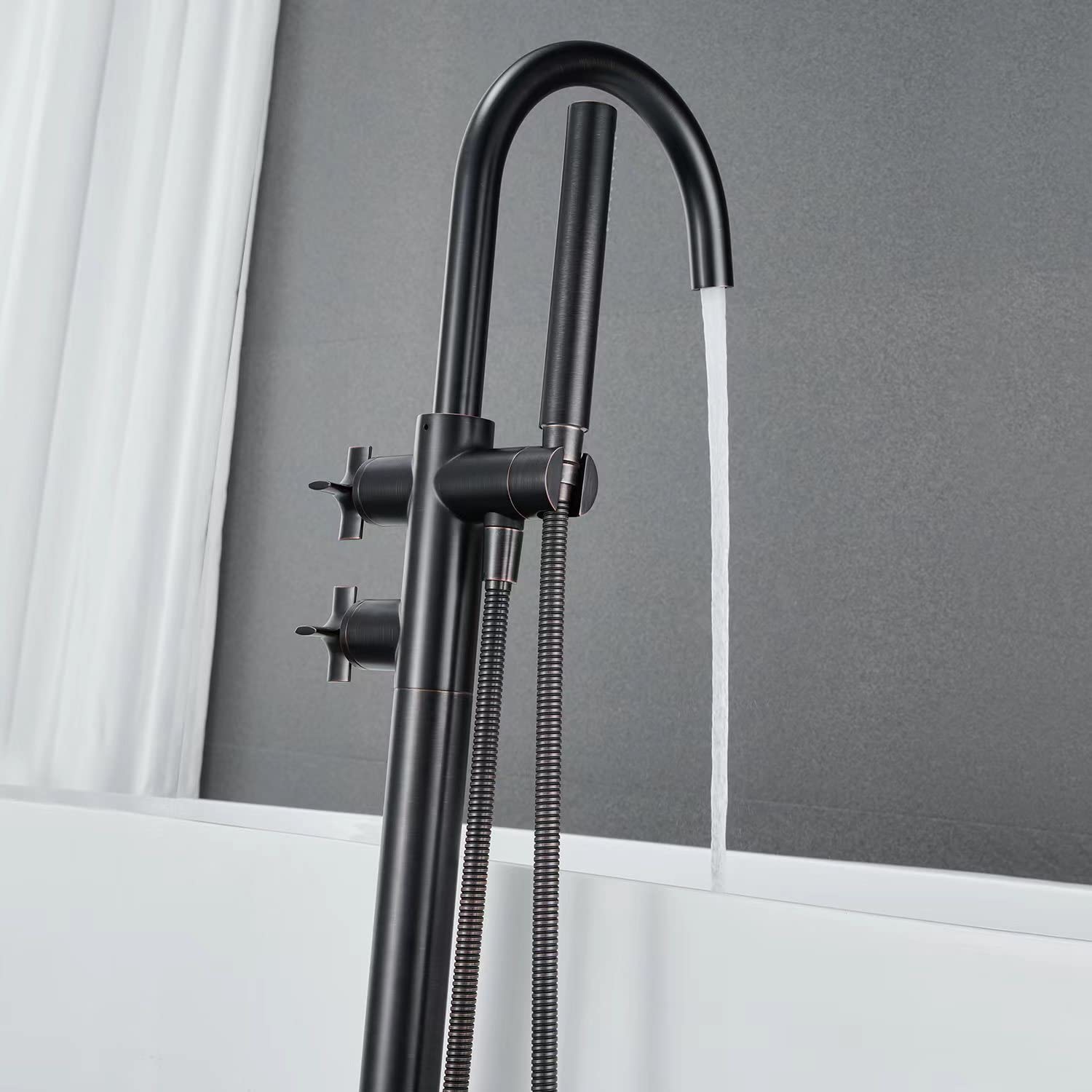 Freestanding Bathtub Faucet - Oil Rubbed Bronze Floor Mount Brass Tub Filler with Hand Shower - Perfect for Modern Bathroom & Spa Relaxation
