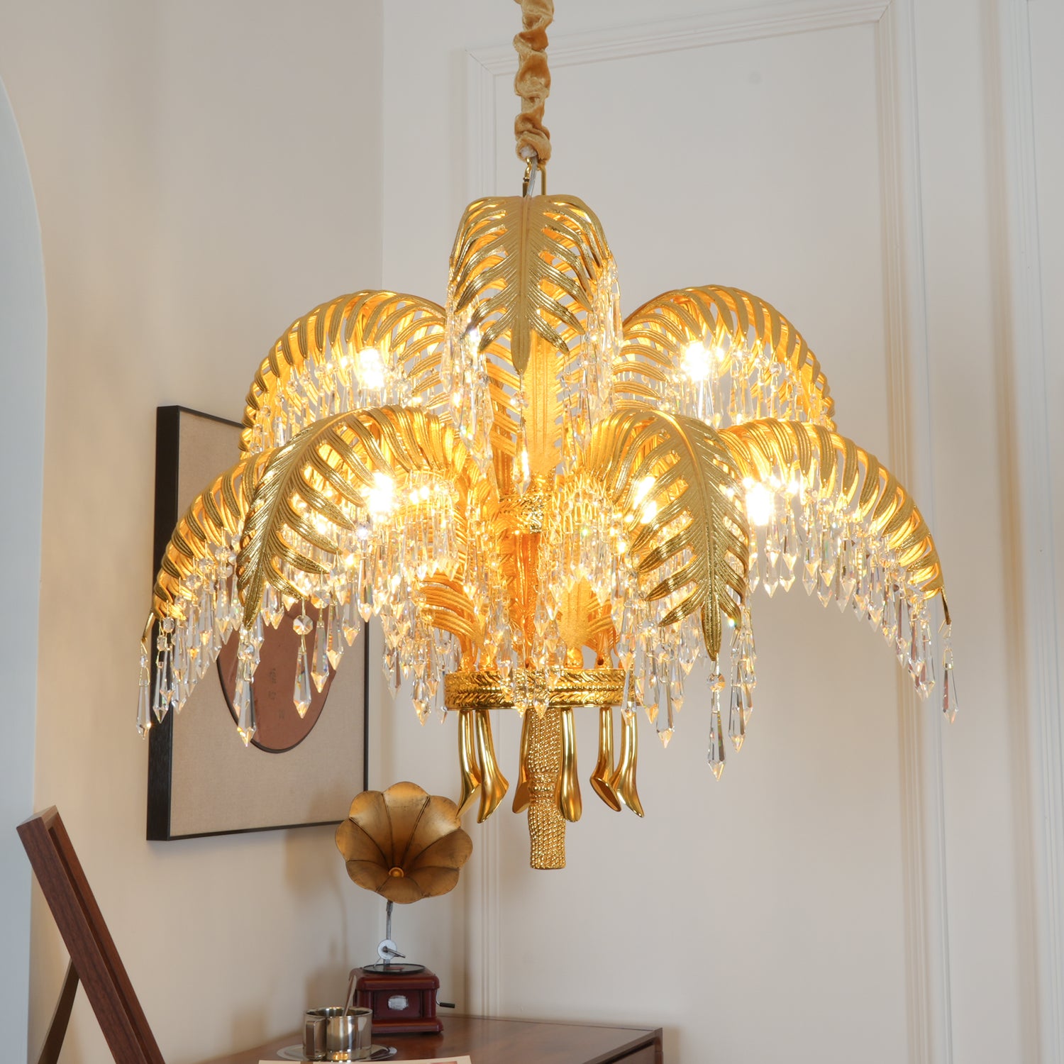 Elegant Brass Palm Leaf Crystal Chandelier - Modern Ceiling Light Fixture for Dining Room, Living Room & Bedroom Decor