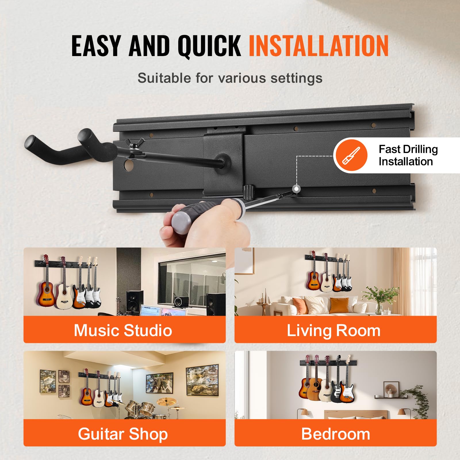 VEVOR 5-Guitar Wall Mount Hanger - Adjustable Aluminum Guitar Wall Rack Display Stand for Acoustic, Electric Guitar, Bass, Banjo & Mandolin | Space-Saving Guitar Storage & Organization for Home, Studio & Music Room