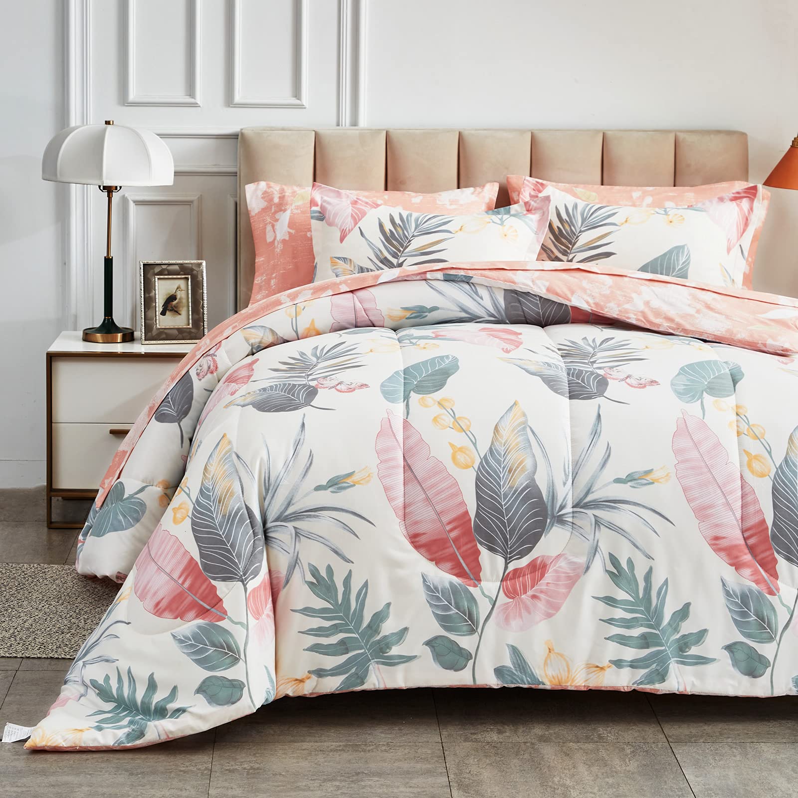 AIKASY Pink Twin Comforter Set with Sheets - 6-Piece Bed in a Bag, Palm Tree Totem Design, Ultra Soft Down Alternative All Season Bedding (Twin Size, Pink) - Perfect for Kids' Rooms, Guest Bedrooms & Tropical Themed Decor